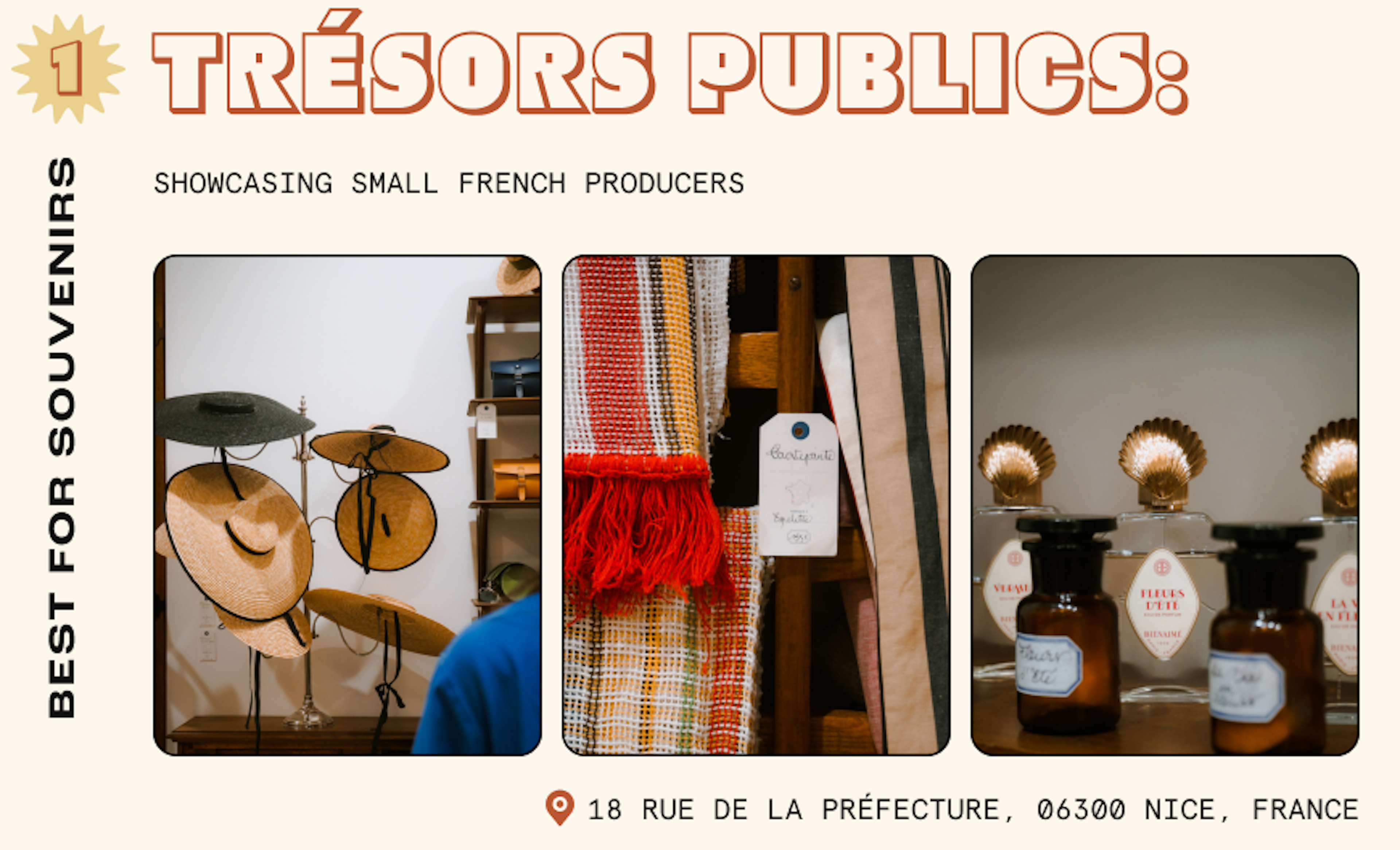 Hats, woven blankets and vintage bottles of perfume displayed in French boutique