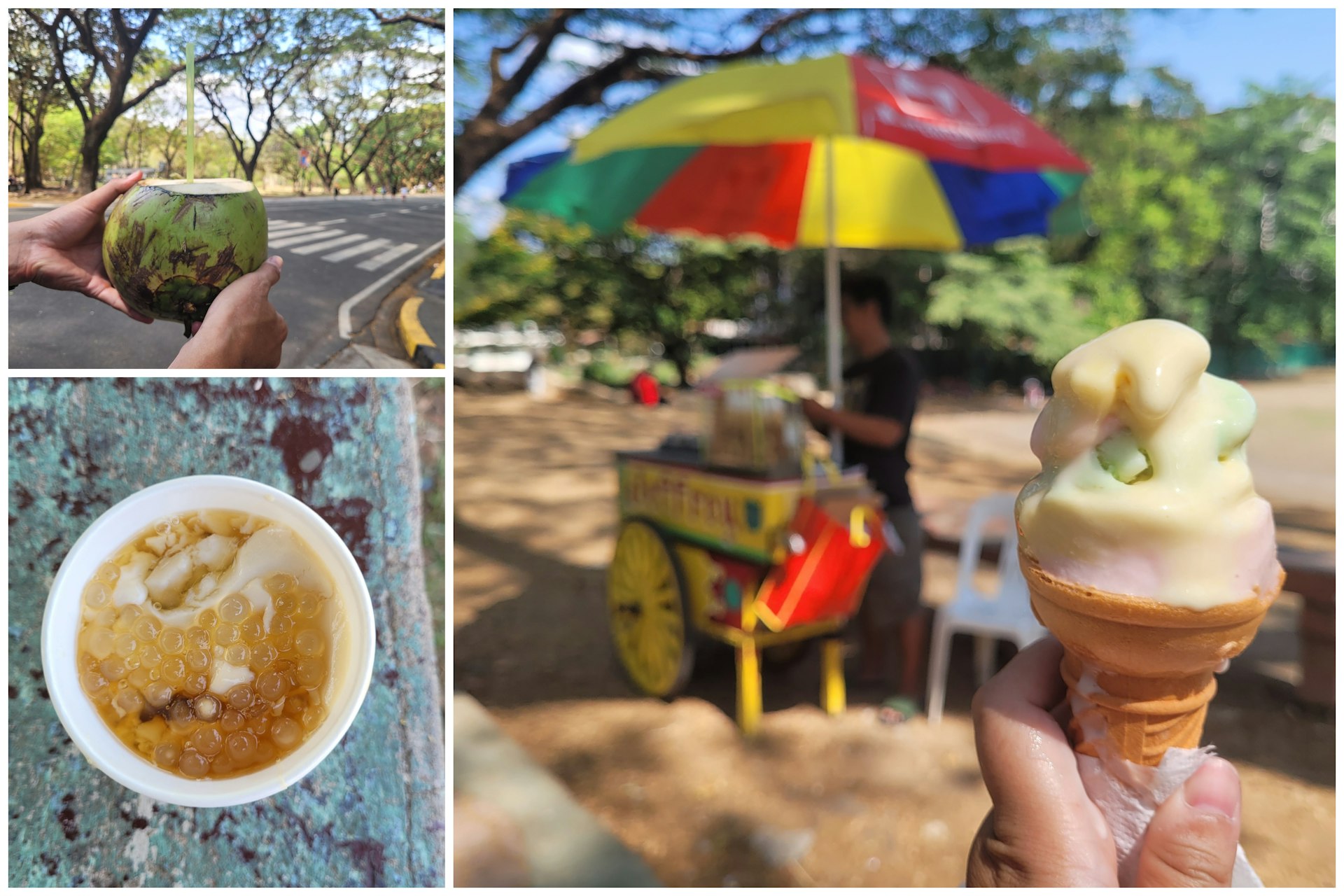Collage of Manila street food incl. coconut water, ice-cream and taho