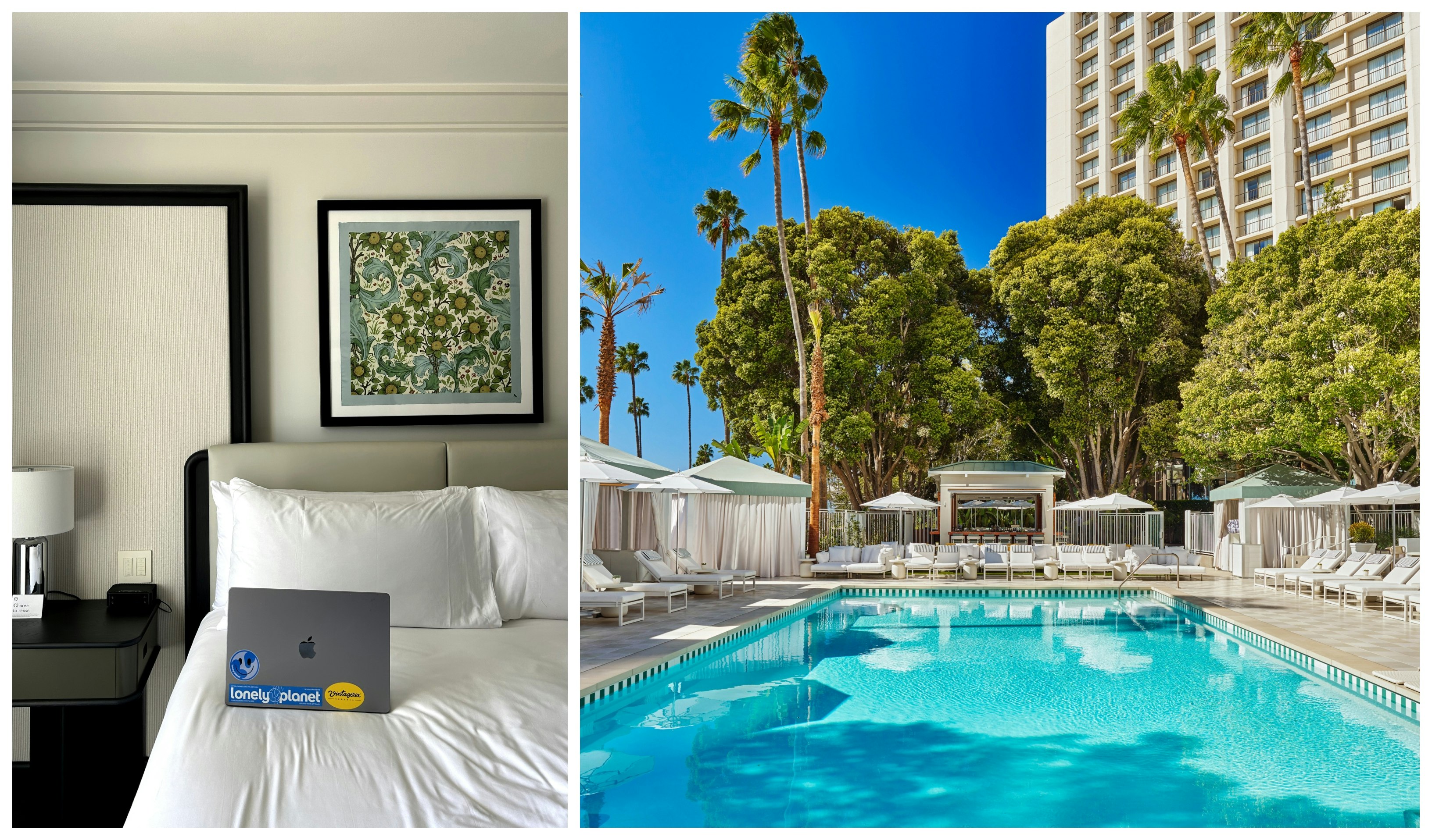 Collage Left: a laptop on a bed in a hotel room; Right: a hotel pool and lounge deck