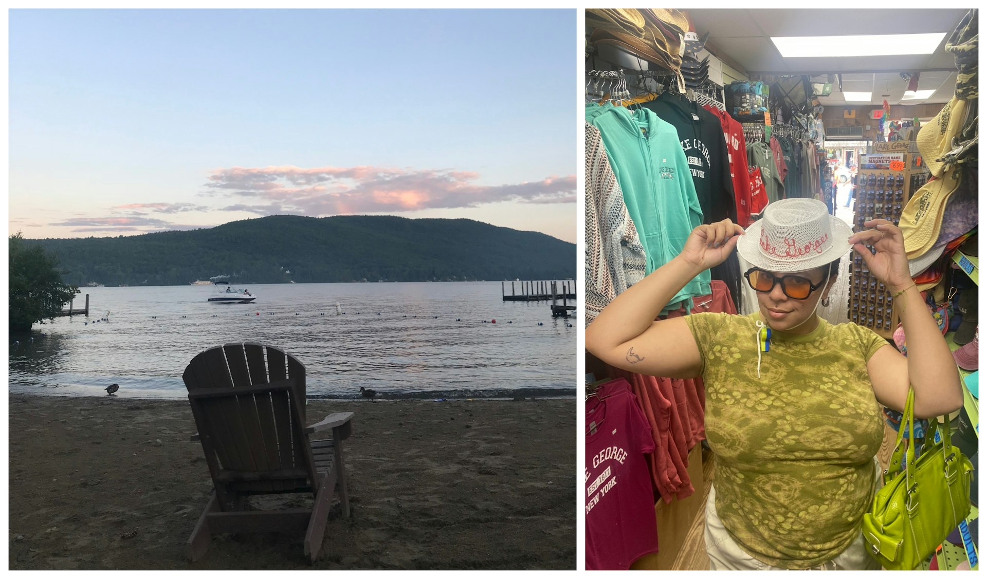 Left: Landscape view of Lake George, Right: Chamidae Ford shopping near Lake George 