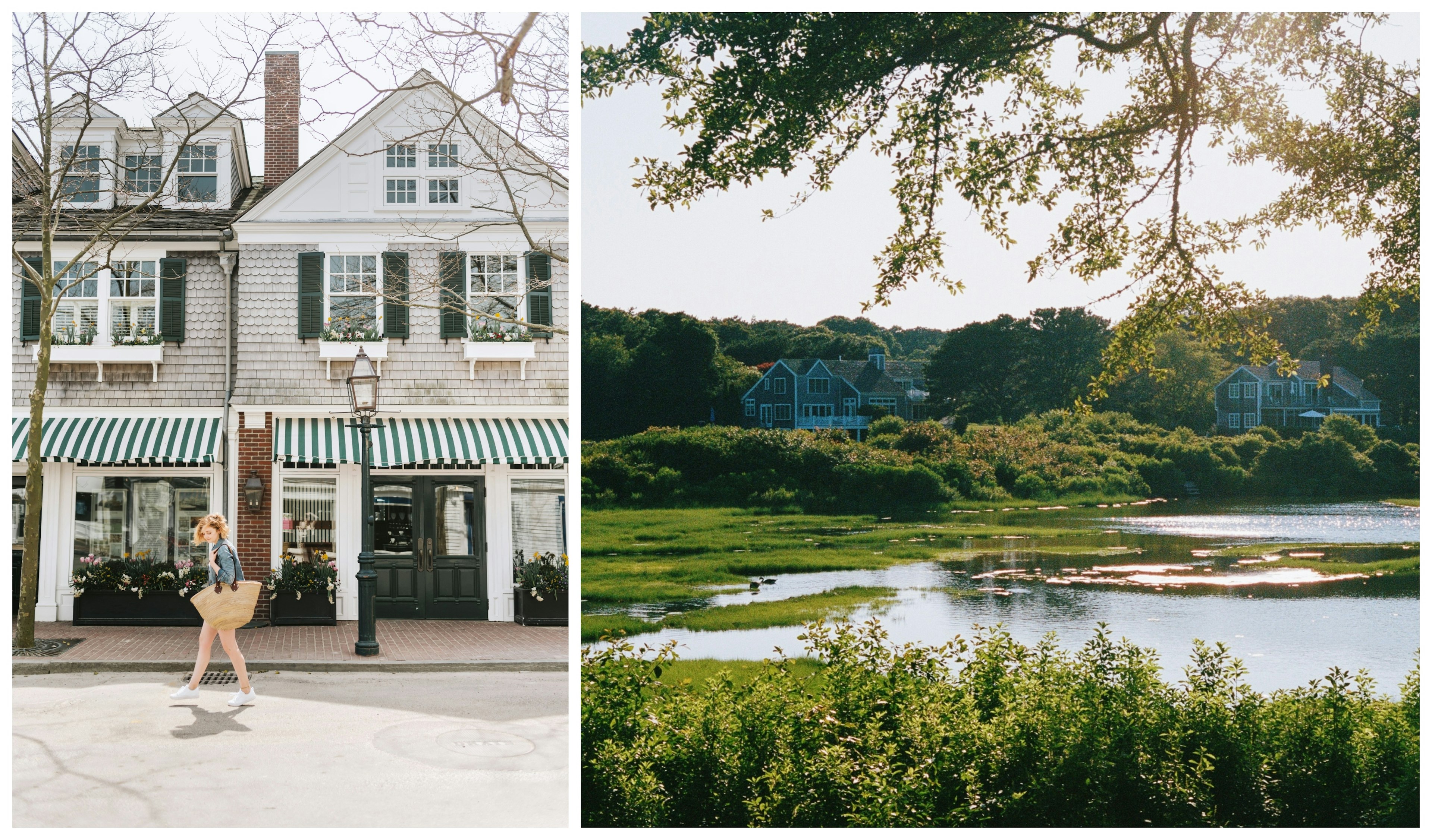 Left: Shopping in Martha's Vineyard, Right: Landscape of a bay in Martha's Vineyard