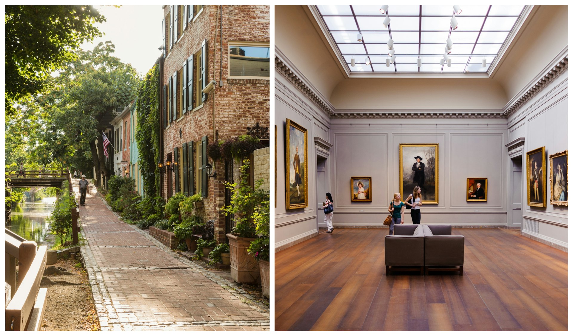 Esquerda: Caminhando ao longo do Canal C&O em Georgetown, Washington, DC;  À direita: Explorando a Galeria Nacional