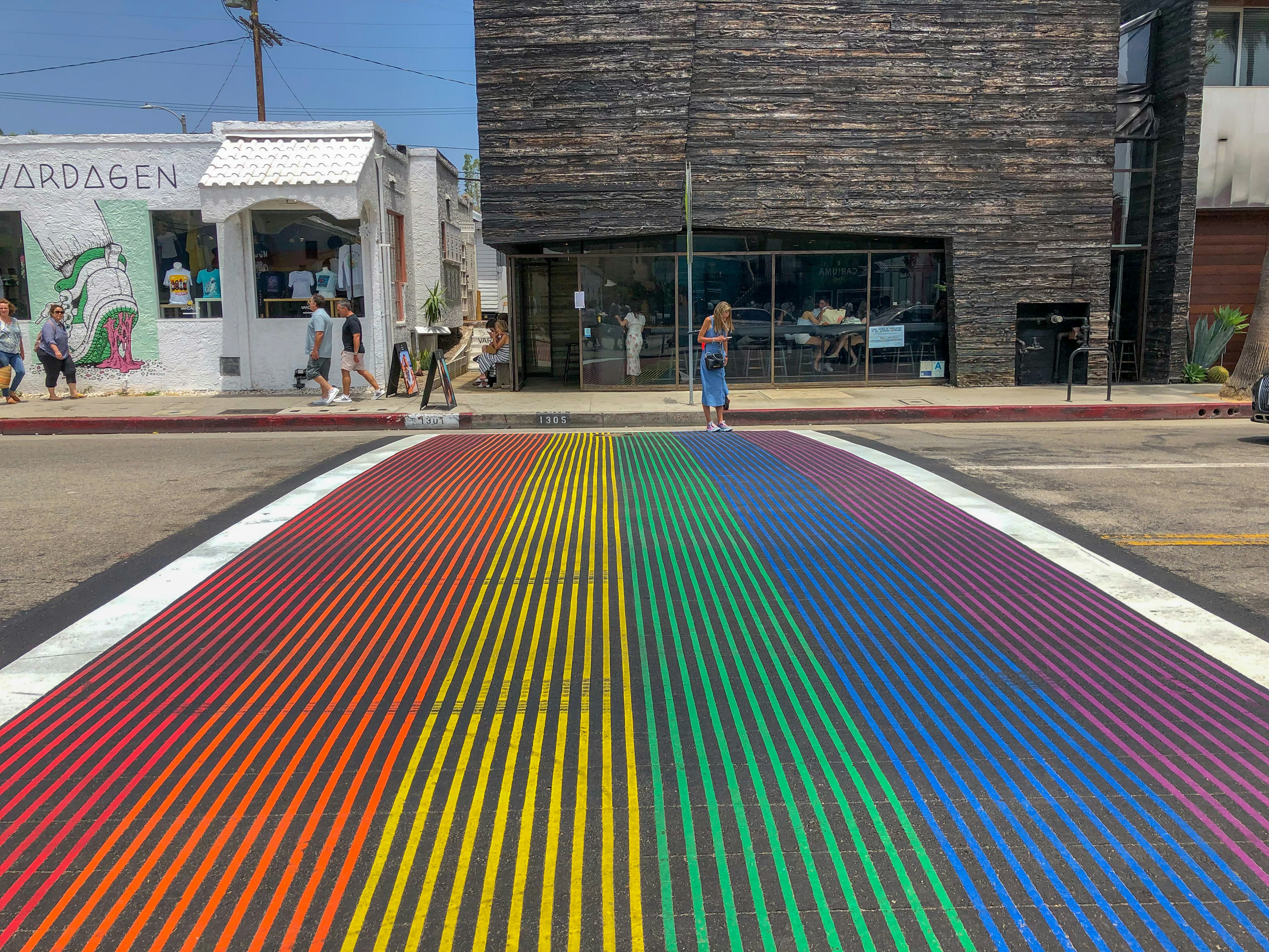 Rainbow gay flag crosswalk in Abbot Kinney Boulevard, Venice, Los Angeles