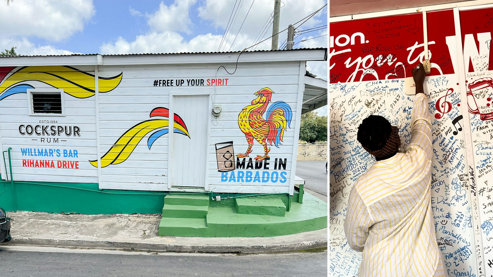Left: exterior of a rum shop; right: woman writes on a grafitti wall in a bar