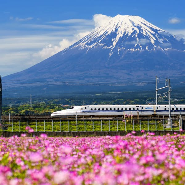 Bullet train speeds through the Japanese landscape