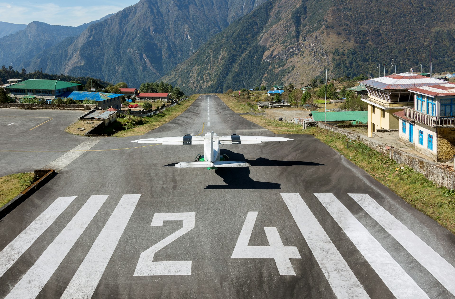 An aircraft on the runway of the Tenzing-Hillary airport in Lukla, Nepal