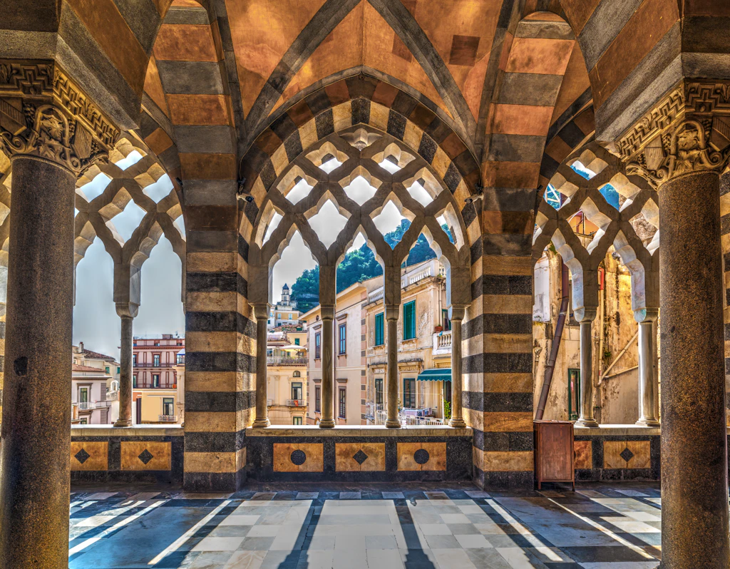 Interior view of Amalfi cathedral's marble archways 