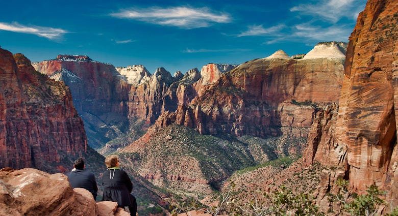 Mom and Son Hikers Enjoying the View from the Canyon Trail Overlook in Zion National Park Utah; Shutterstock ID 1687776355; GL: 65050; netsuite: Online editorial; full: Zion guide; name: Claire N
1687776355