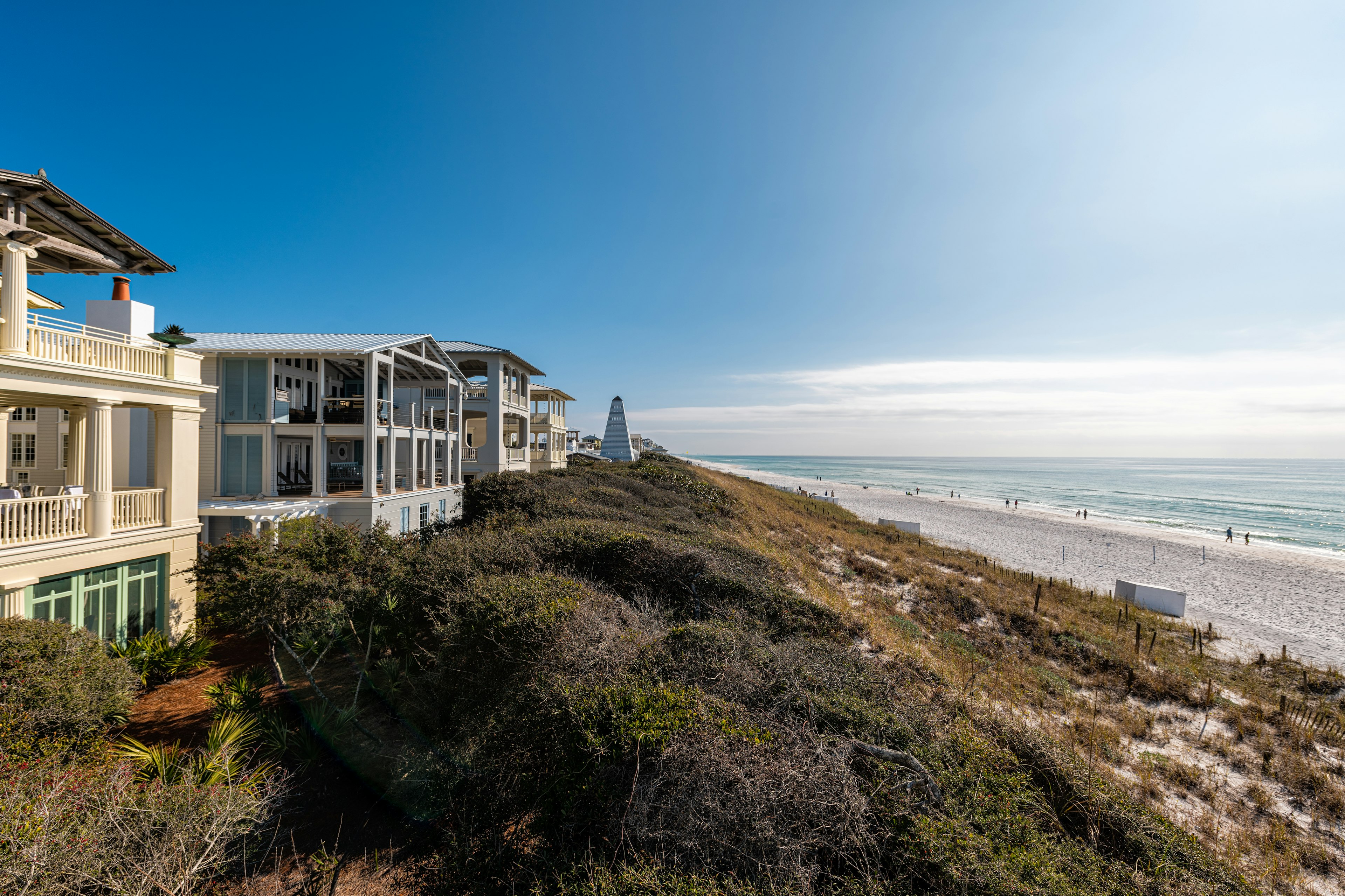 High angle view from wooden pavilion gazebo by beach at Gulf of Mexico at Seaside