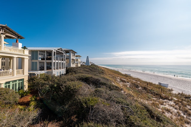 High angle view from wooden pavilion gazebo by beach at Gulf of Mexico at Seaside