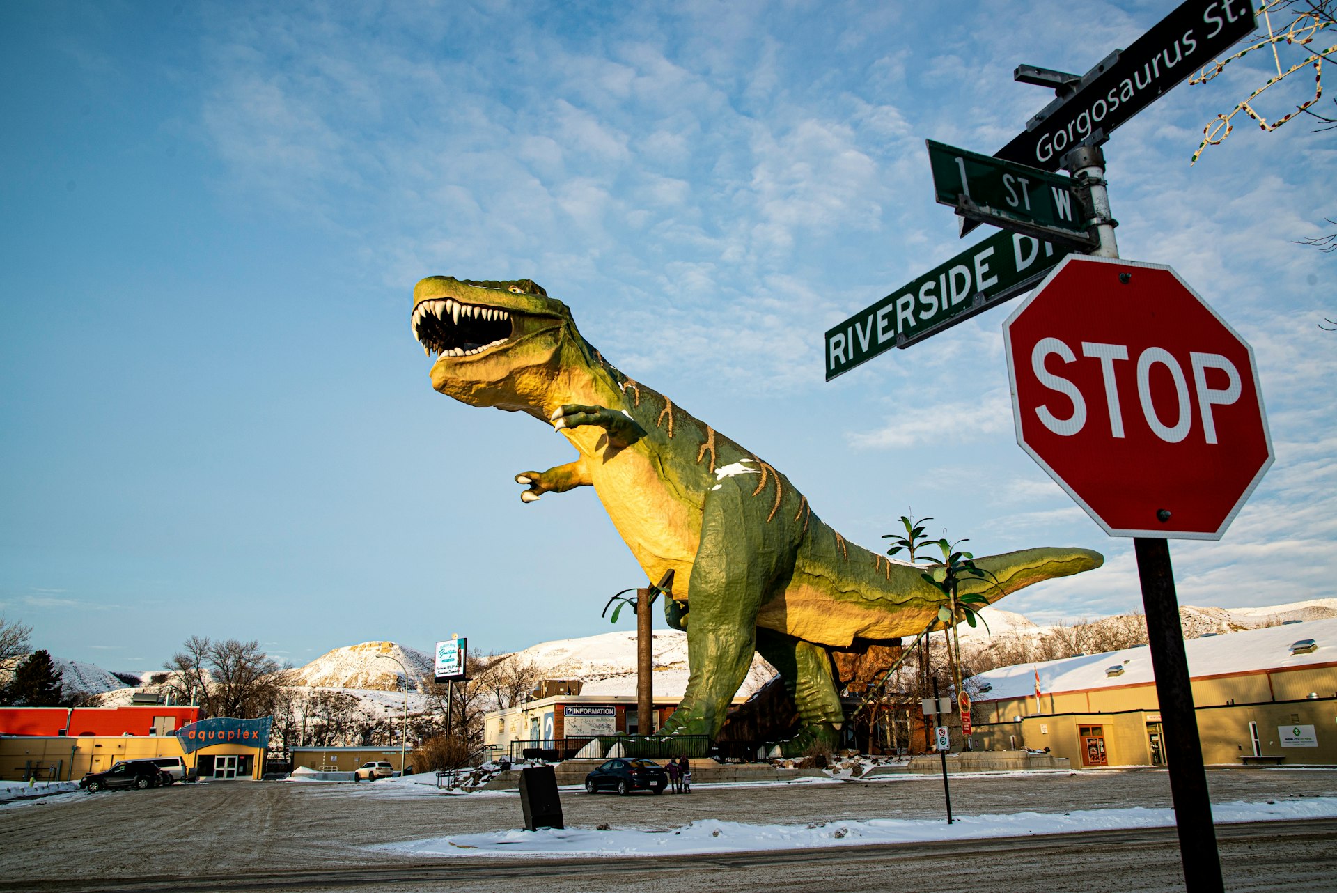 A huge Tyrannosaurus rex statue at an intersection in downtown Drumheller, Alberta, Canada
