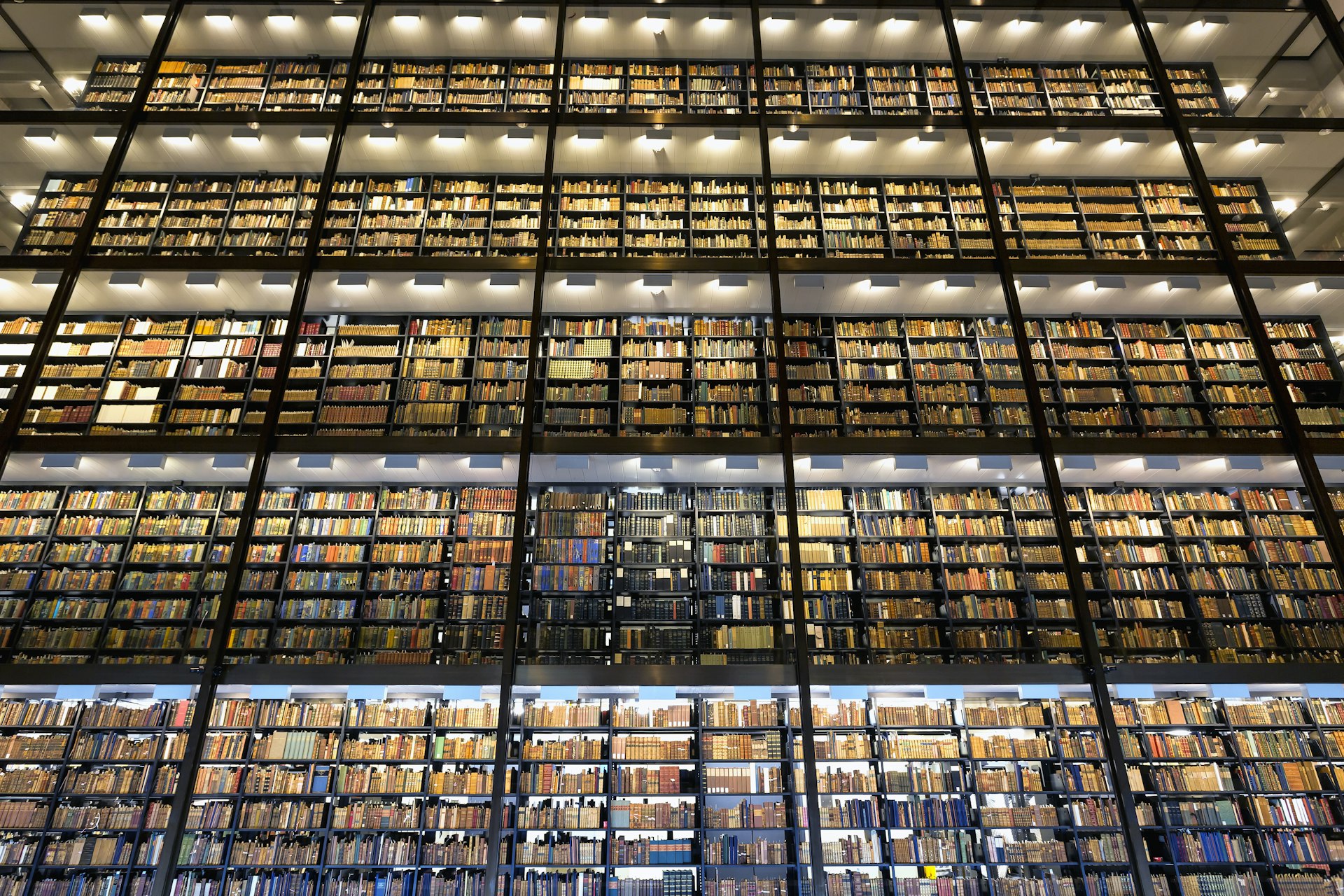 The “stacks” of Beinecke Rare Book & Manuscript Library contain priceless volumes, Yale University, New Haven, Connecticut, USA