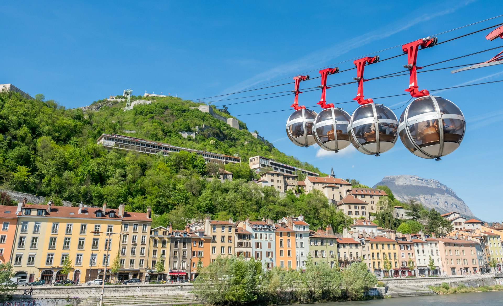 Grenoble-Bastille cable car crossing the Isere river in Grenoble.