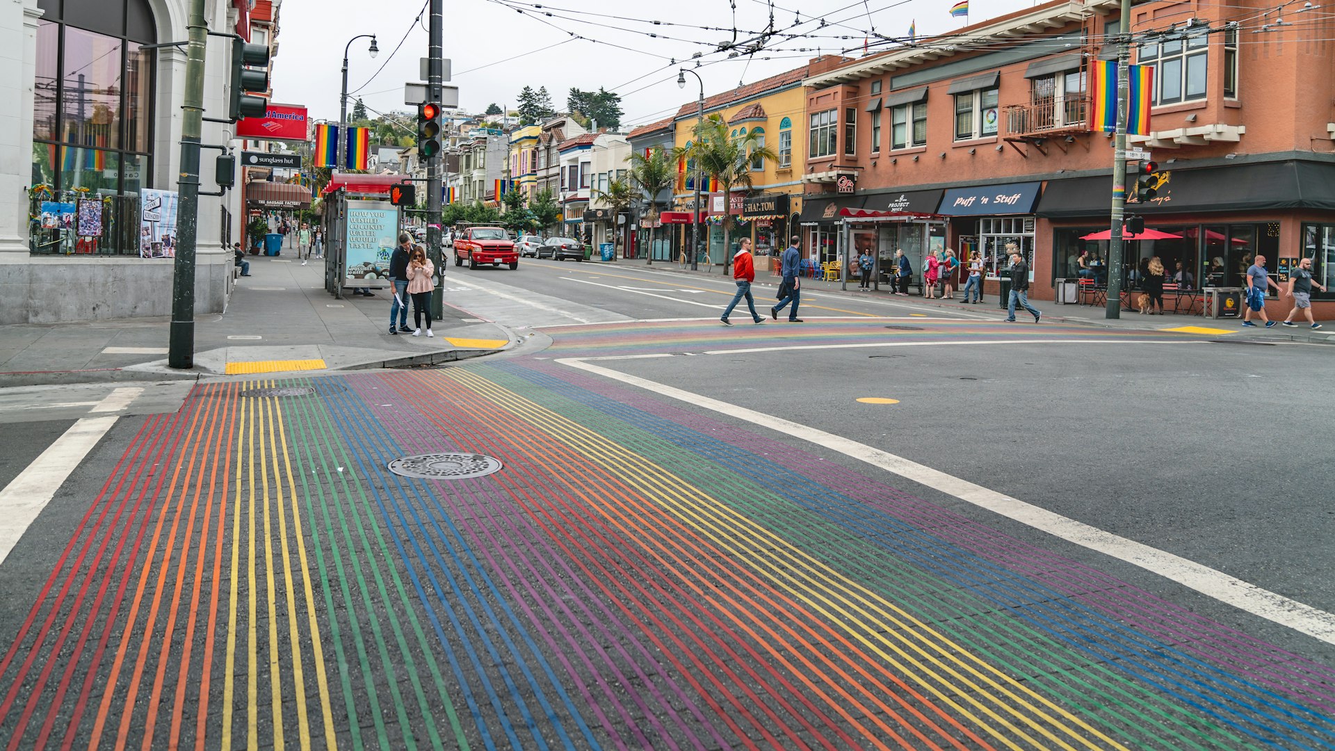 Rainbow crossing in the gay neighborhood of the Castro, San Francisco, California, USA