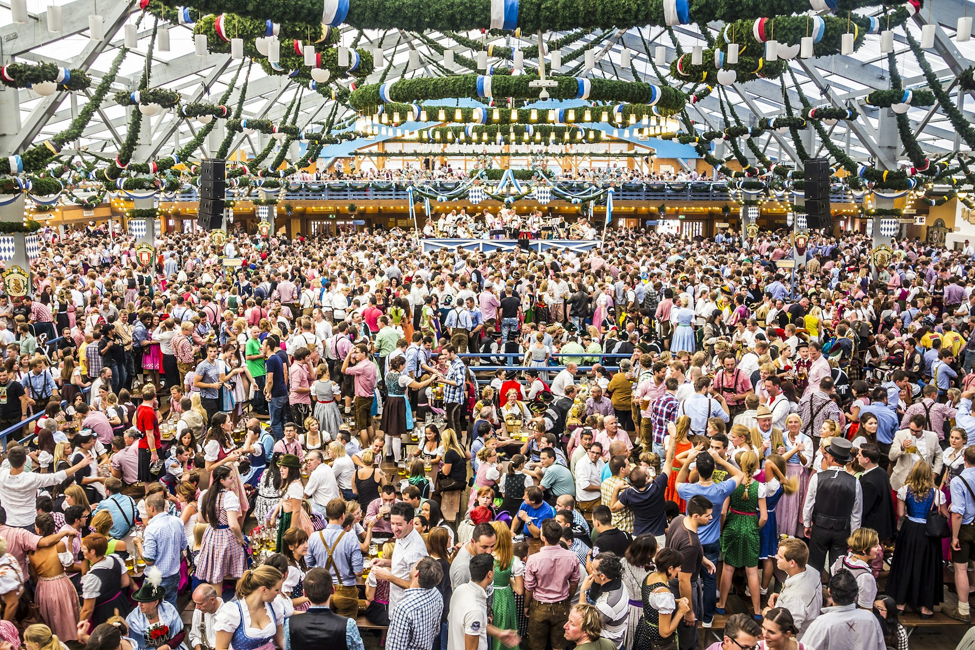 Oktoberfest, Munich: Overview over the big beer tent. In the background is the band.