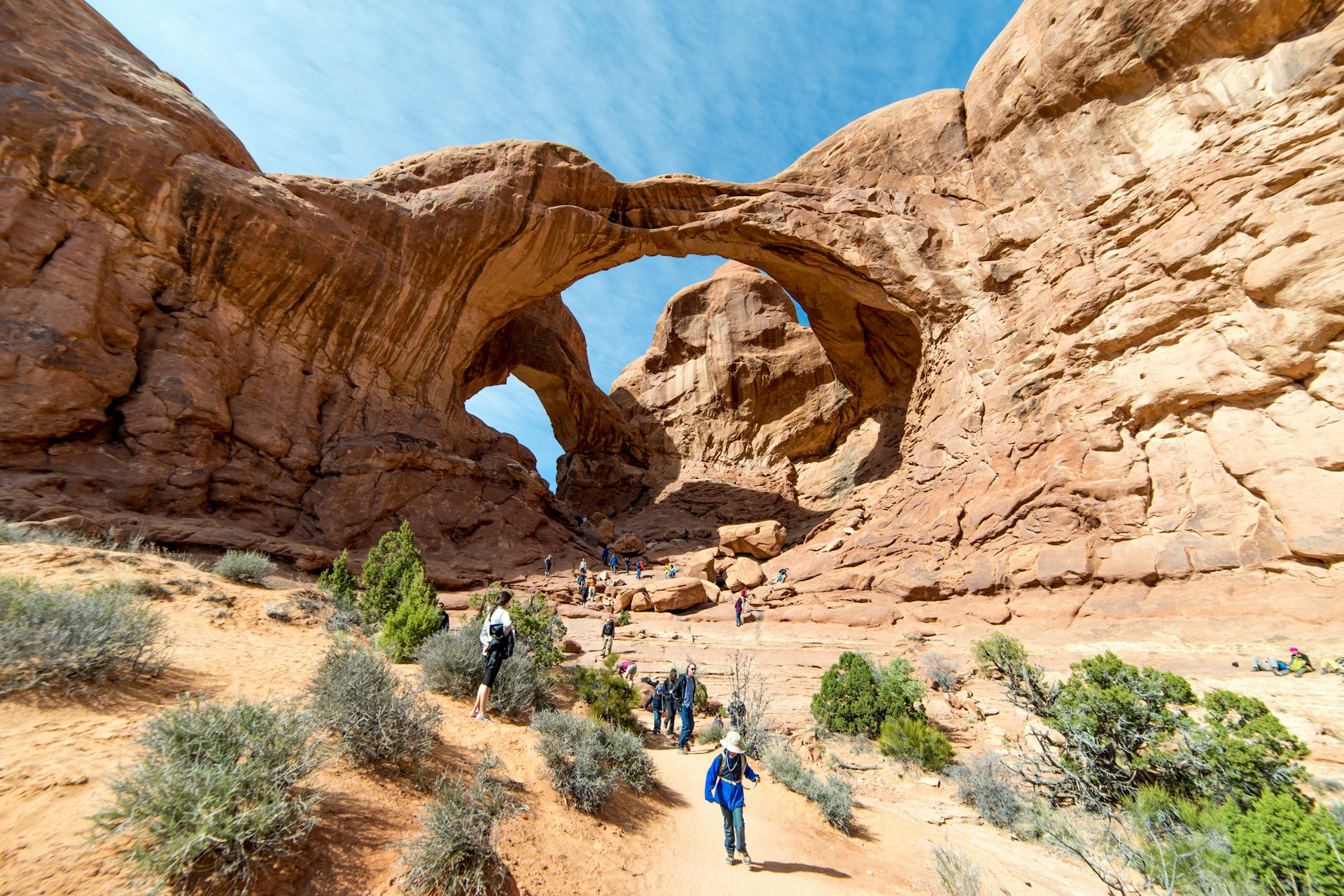 Double Arch in Arches National Park with people