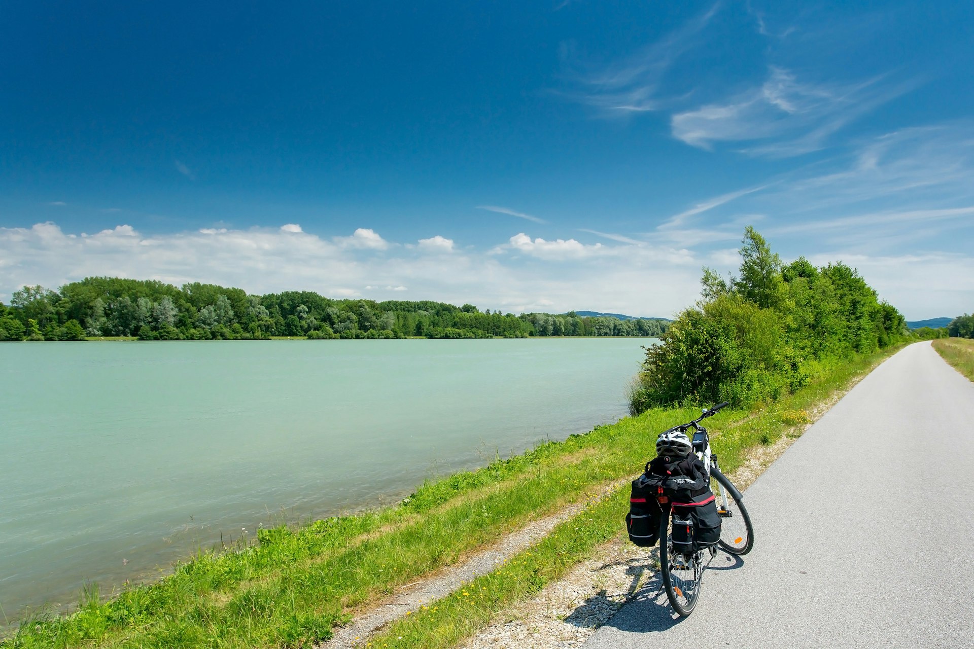 Danube cycle path in Germany in summer with a bike standing alone