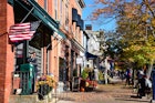 COLD SPRINGS, NEW YORK-OCTOBER 31, 2020: Sidewalk scene in Cold Springs, NY on a crisp Fall day