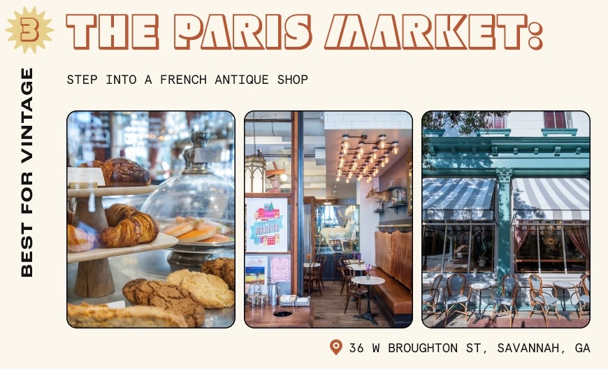 Left: croissants and cookies. Center: interior of a cafe. Right: tables and chairs outside a cafe