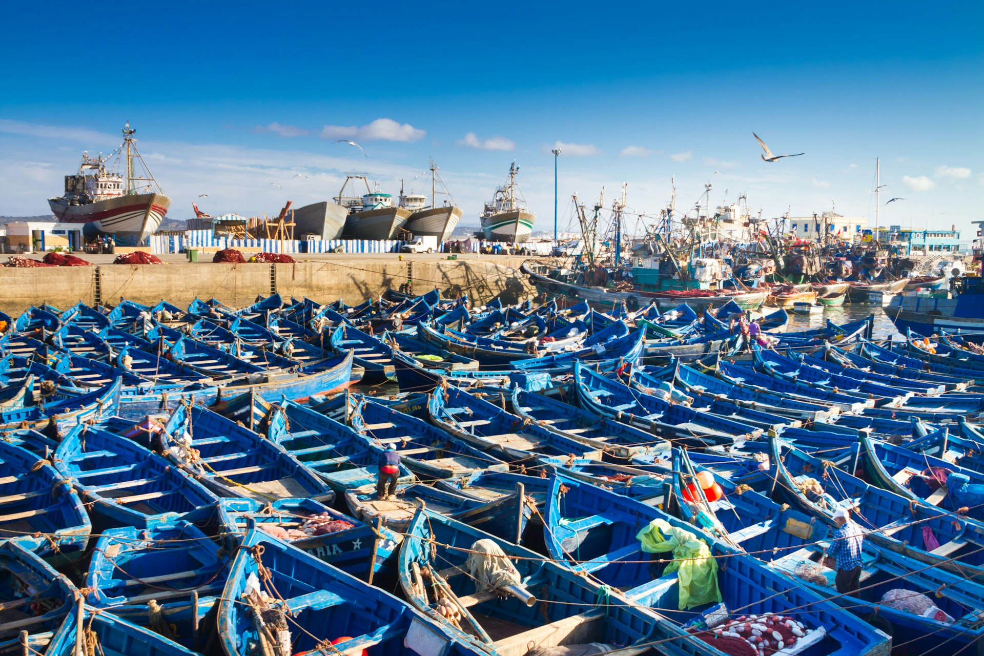 Fishermans boats in Essaouira, city in the western Morocco on the Atlantic coast.