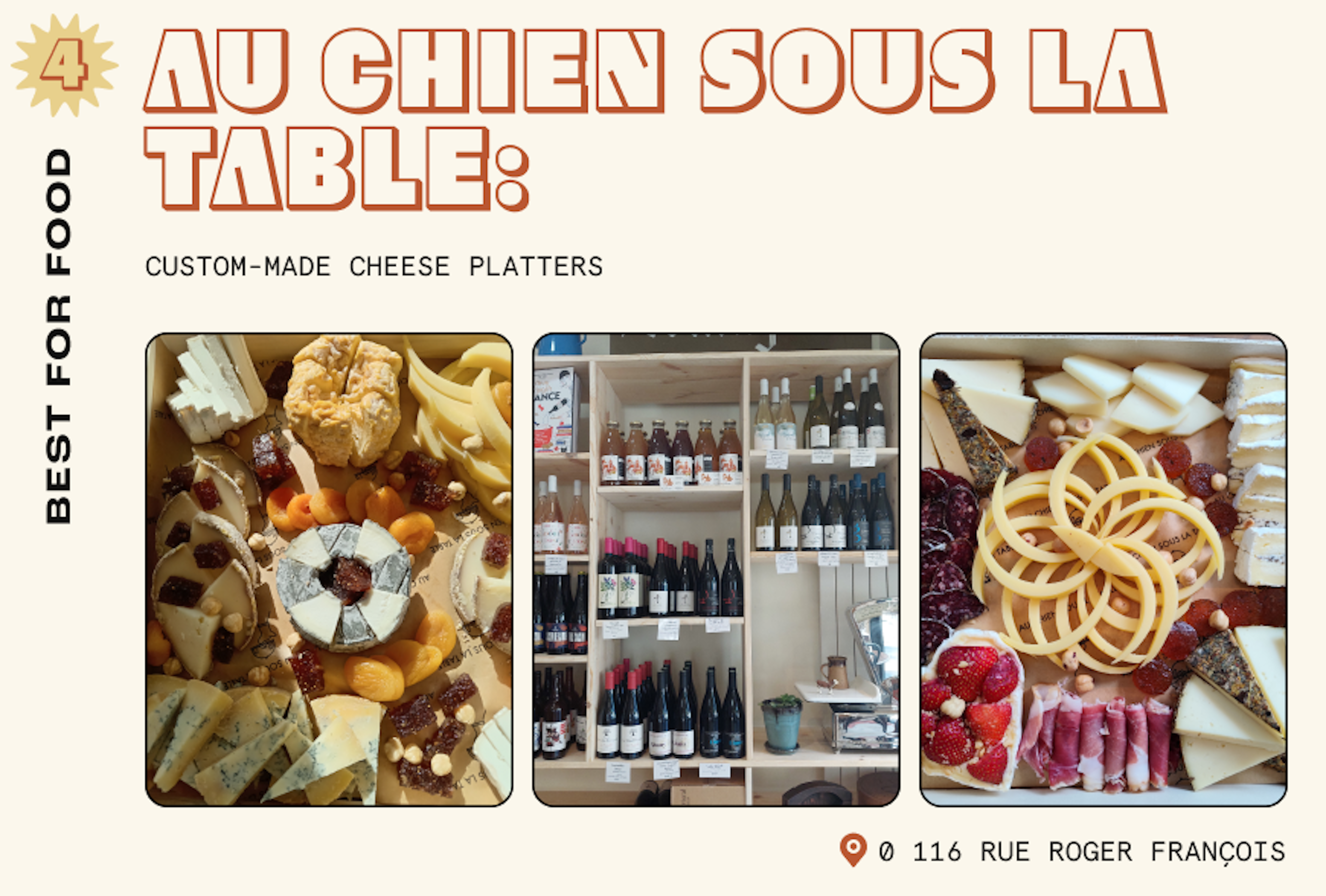 Collage of images from deli showing wine and boxed cheese platters