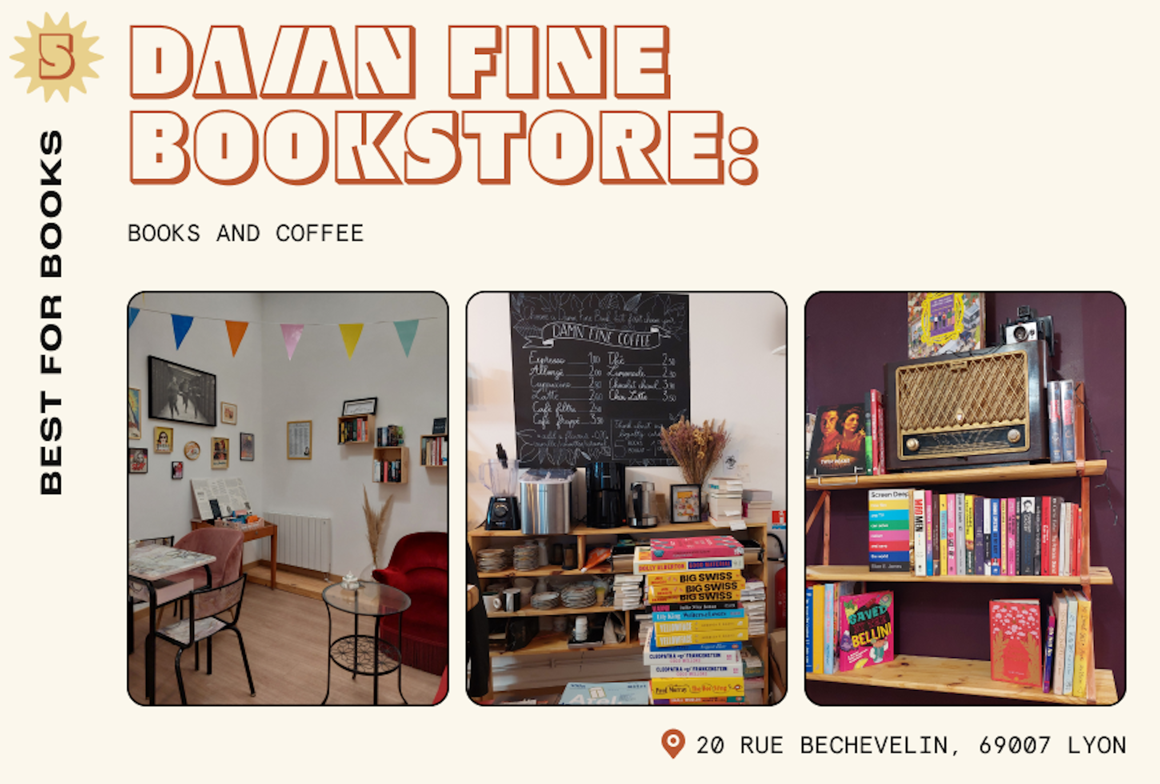 Collage of images from a bookshop and cafe showing books, tables and chairs and a coffee machine