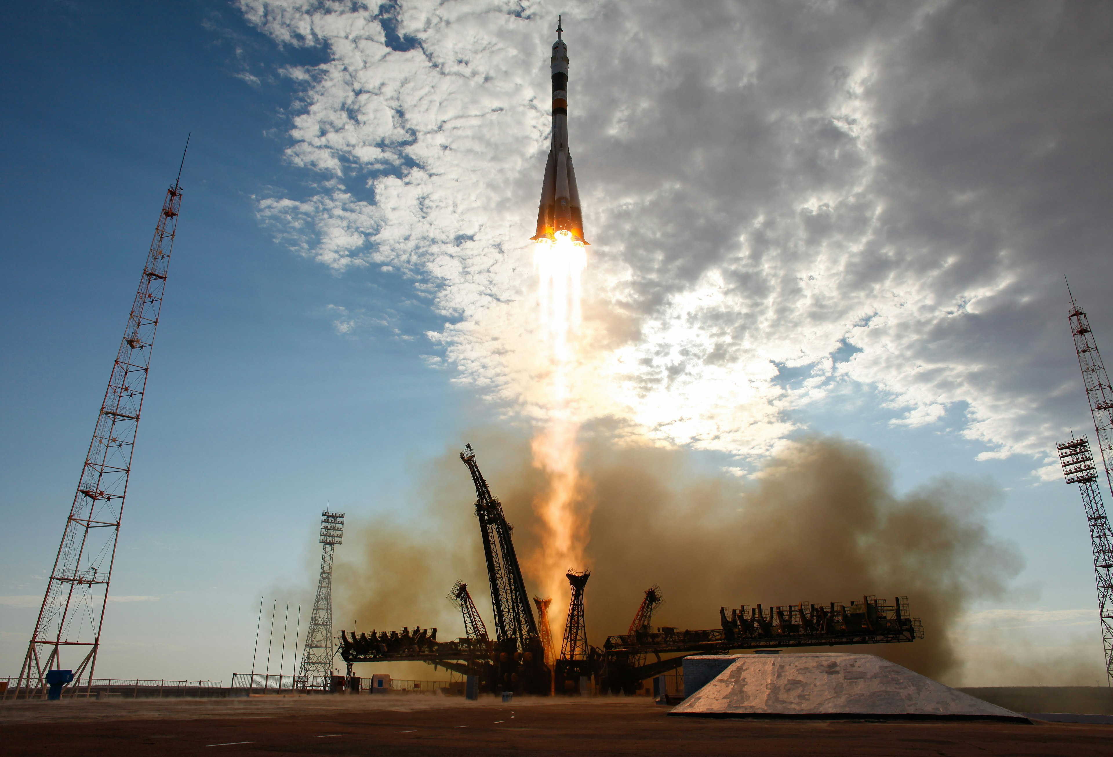 The Soyuz TMA-05M rocket launches from the Baikonur Cosmodrome, Kazakhstan