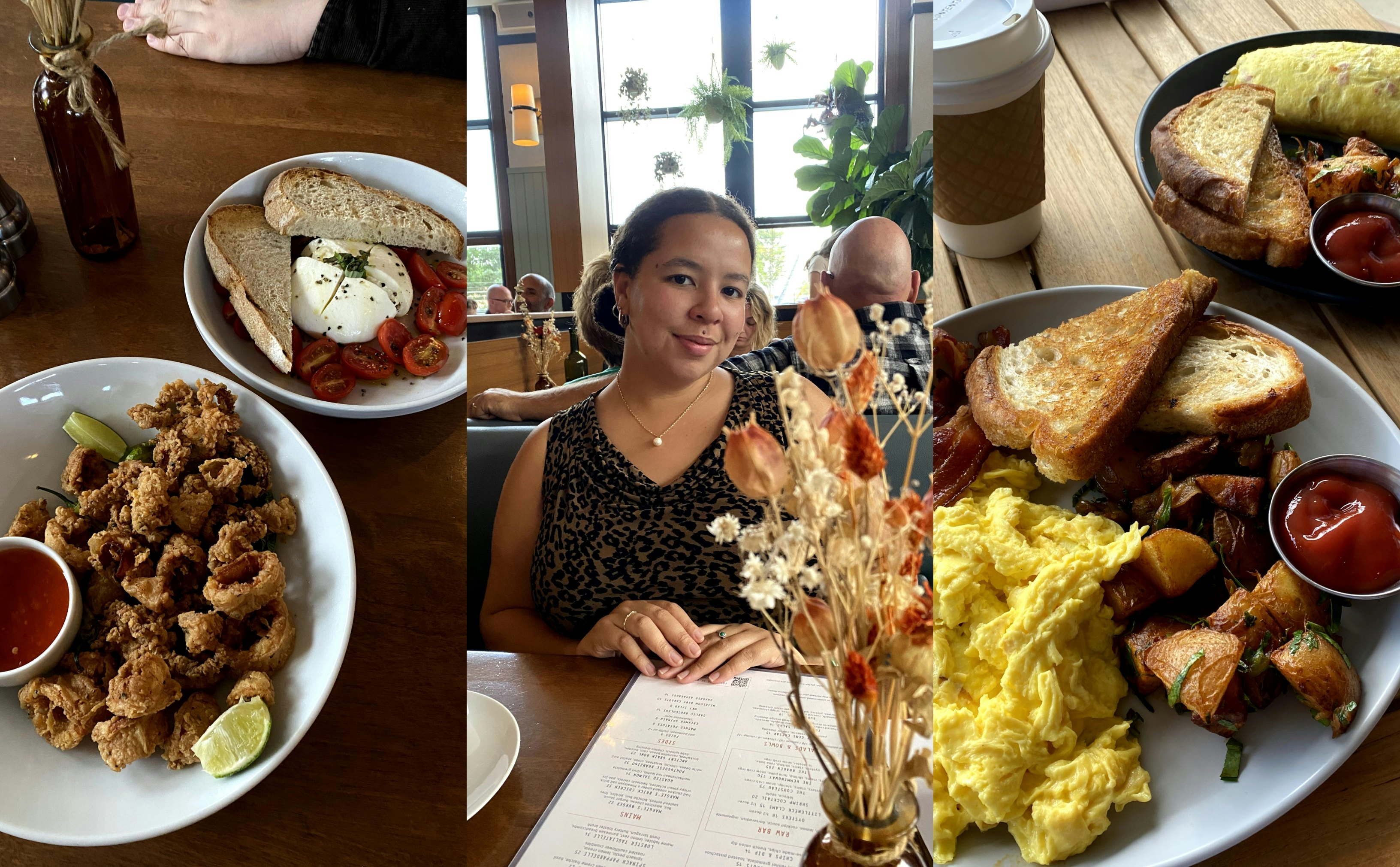 Left: lunch food served on plates in a restaurant; center: Chamidae, the author in the restaurant; right: a breakfast of eggs, toast and potatoes