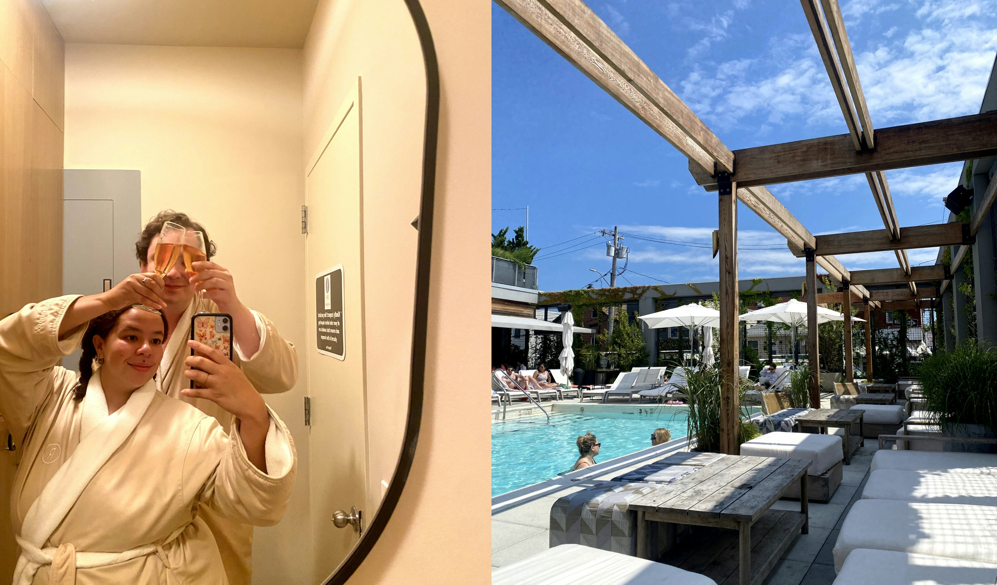 Left: couple in matching bath robes sharing a toast; right: a hotel pool and poolside terrace under a blue sky