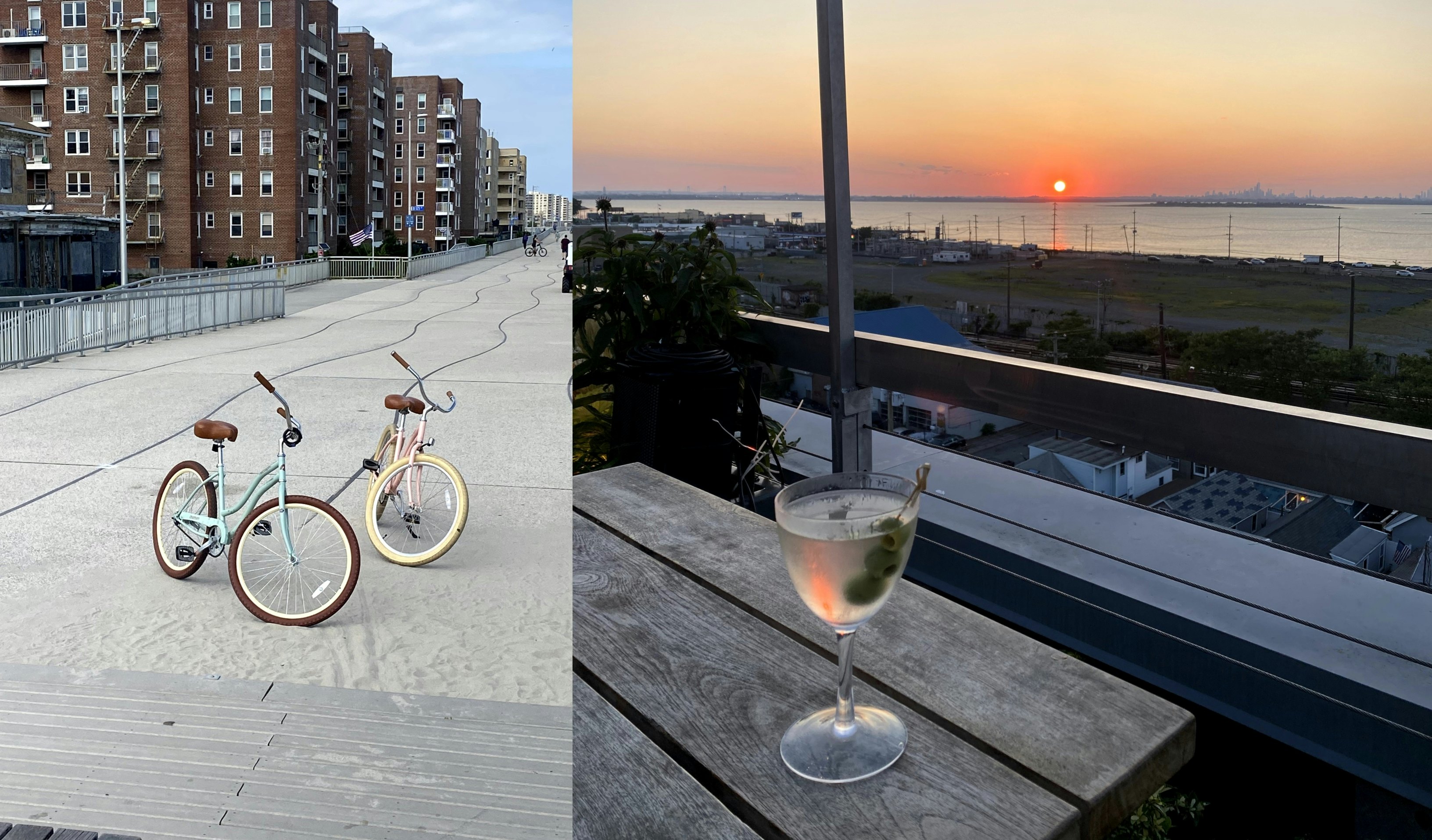 Left: two bicycles standing on a pathway; right: a martini cocktail on a table at a rooftop bar with a view of the sunset