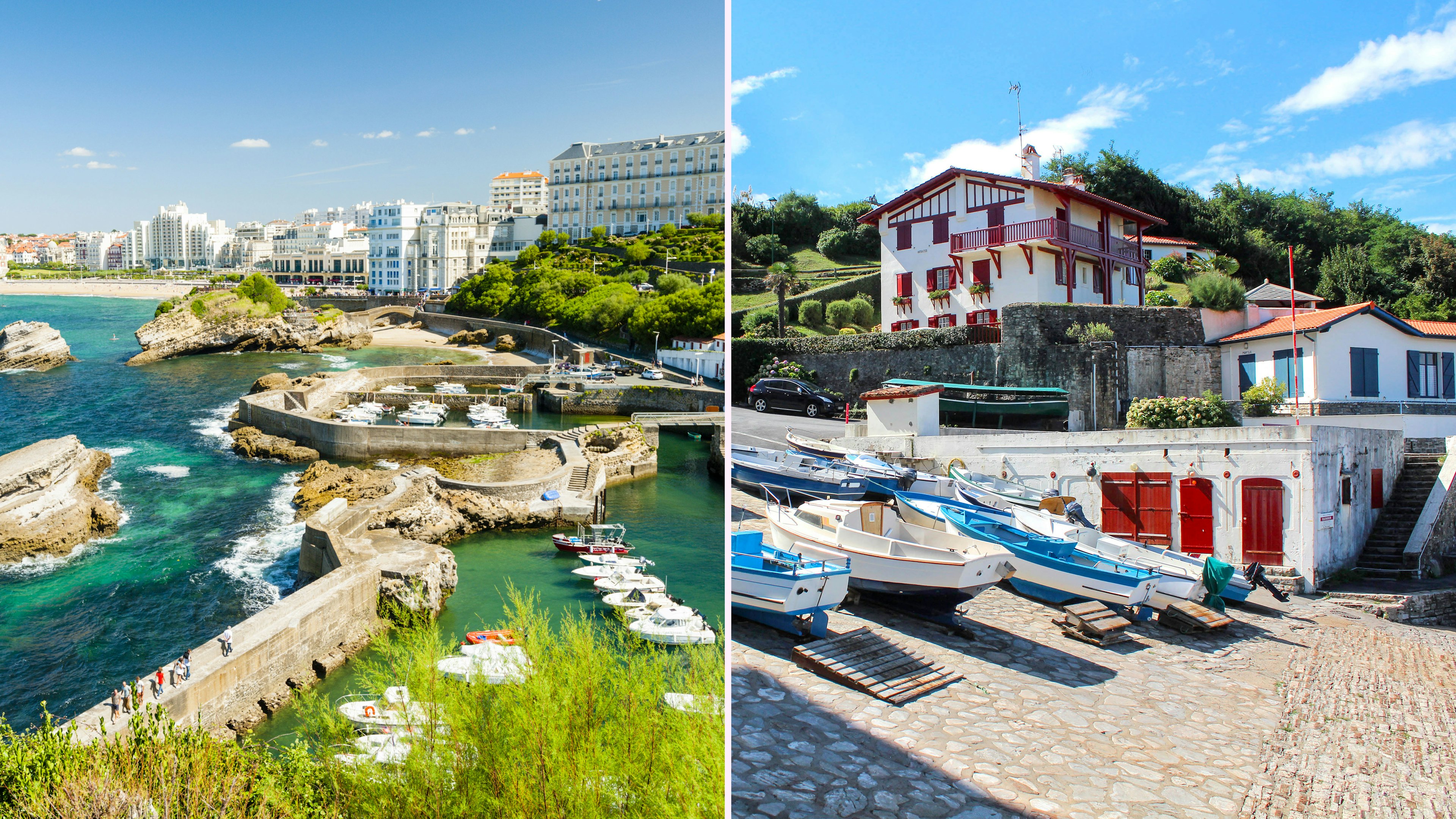 Left: boats in a sheltered but busy harbor; Right: a few boats pulled up on the shore