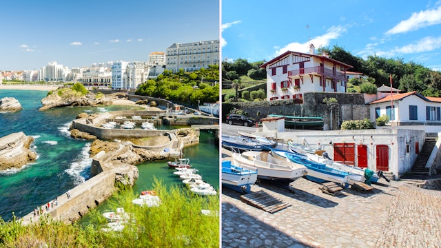 Left: boats in a sheltered but busy harbor; Right: a few boats pulled up on the shore