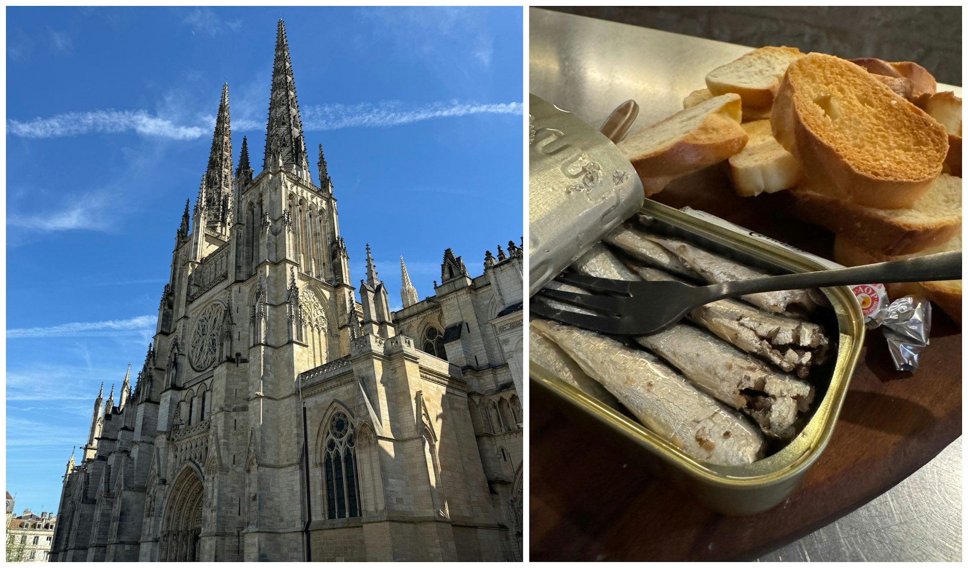 Collage: Saint Andrew Cathedral and tinned fish at Vins Urbains in Bordeaux, France 