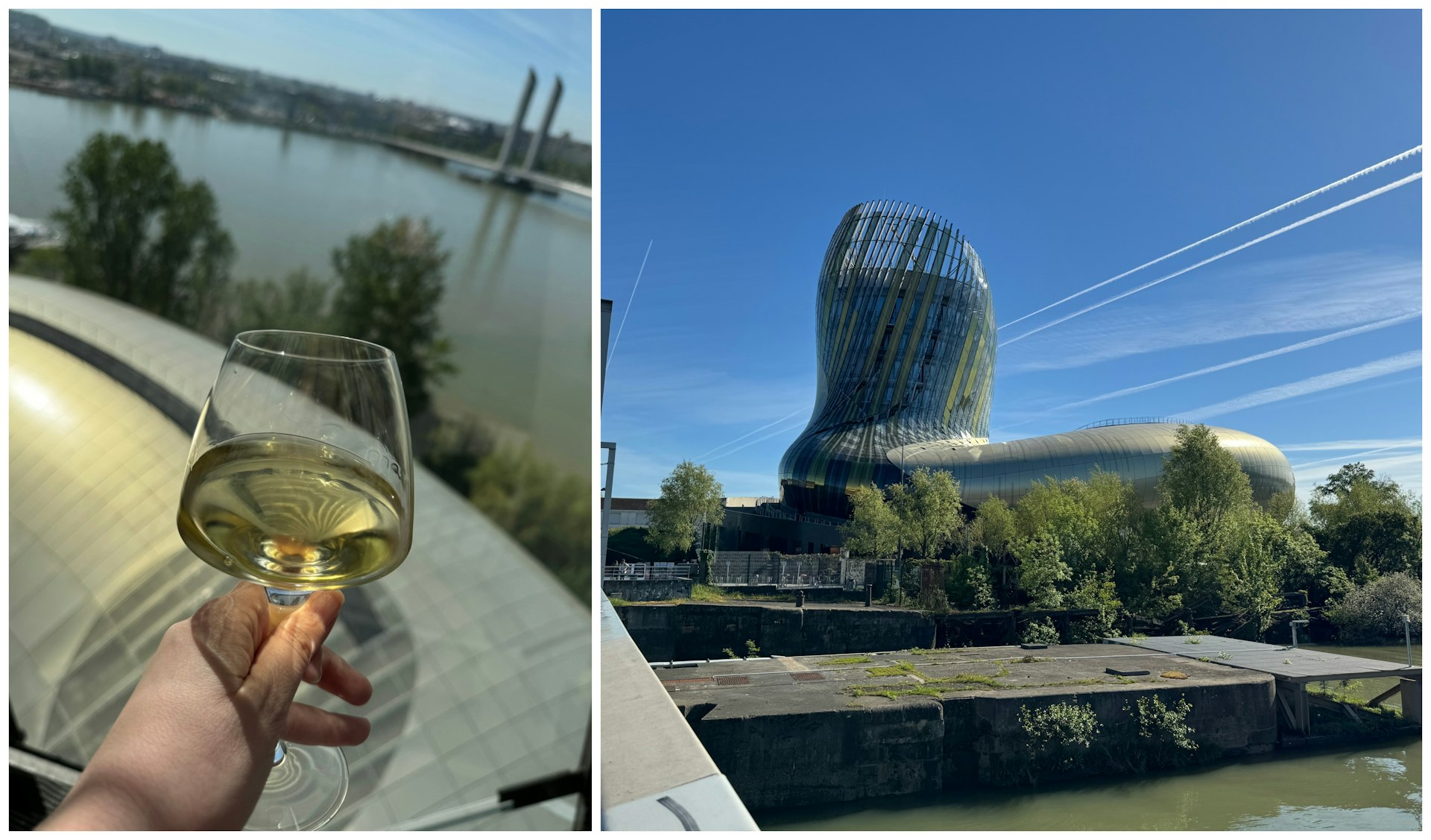 Collage: glass of wine and Cité du Vin building in Bordeaux, France