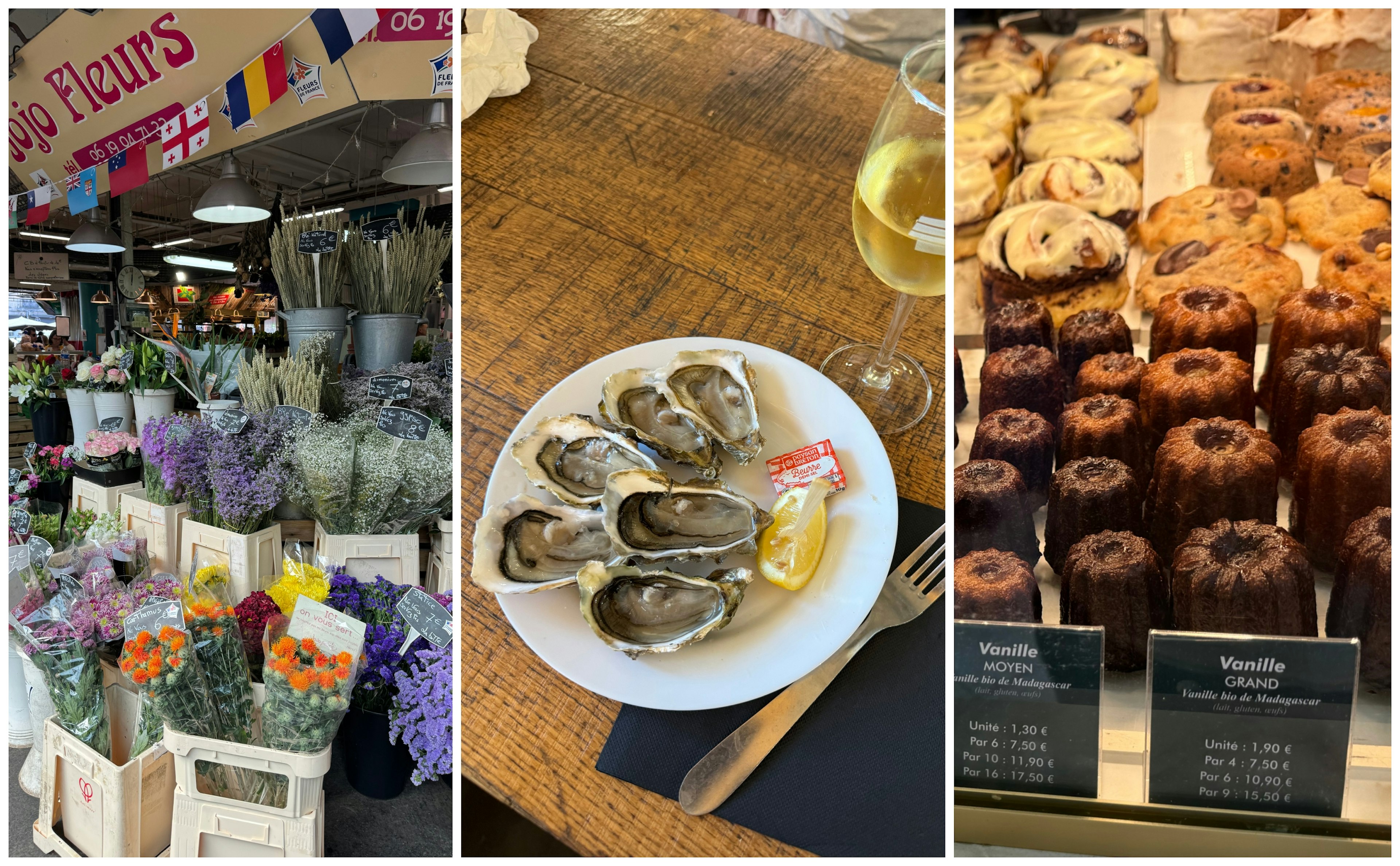 Collage: Marche des Capucins and Cassonade pastries in Bordeaux, France