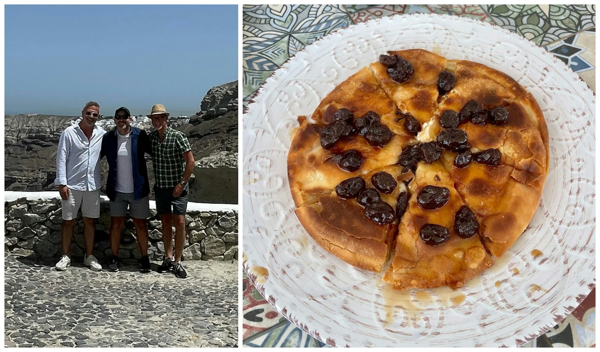 Chris posing with friends in Santorini and showcasing local cuisine