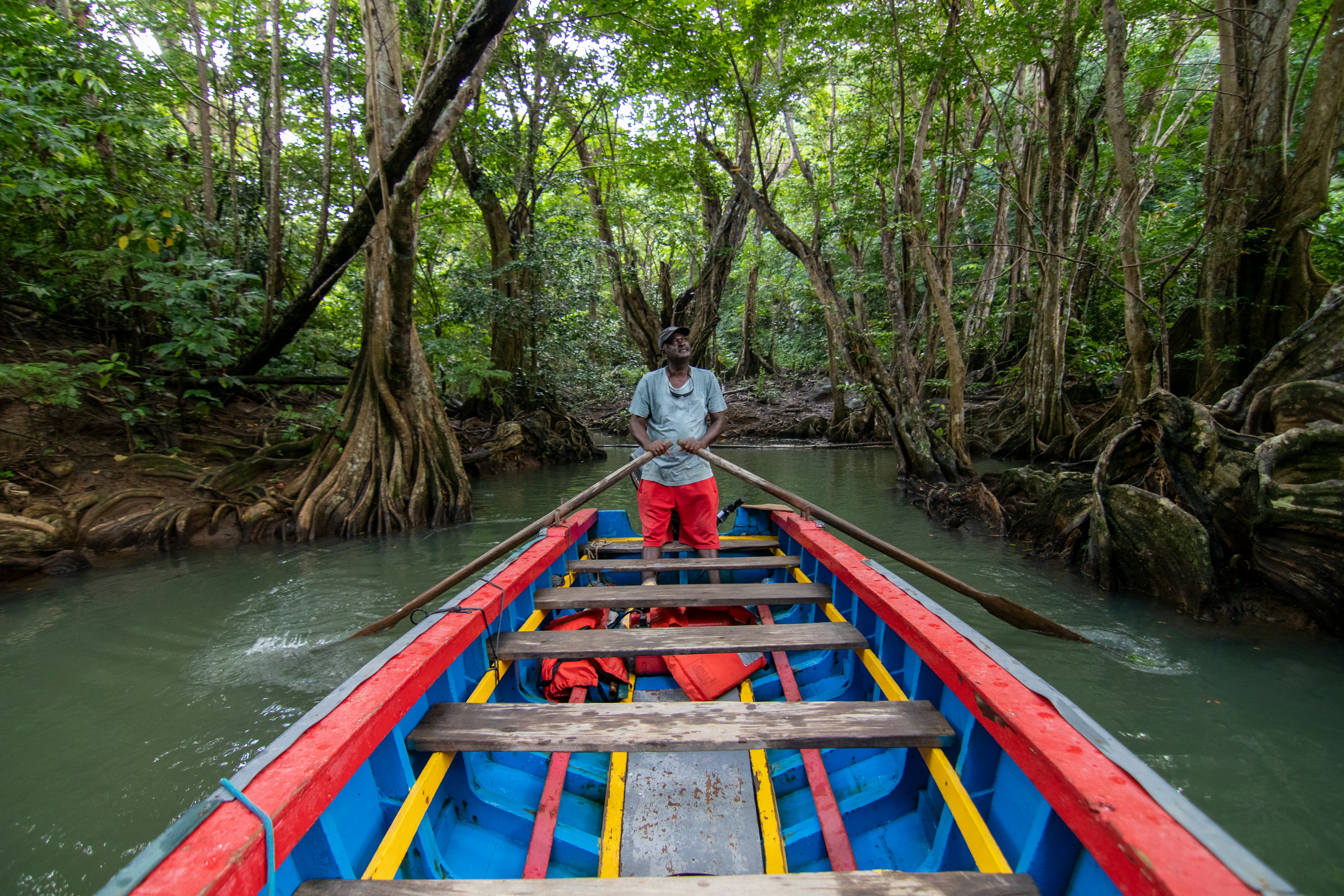 A red boat with a man standing at the bow sailing along the Indian River in Dominica