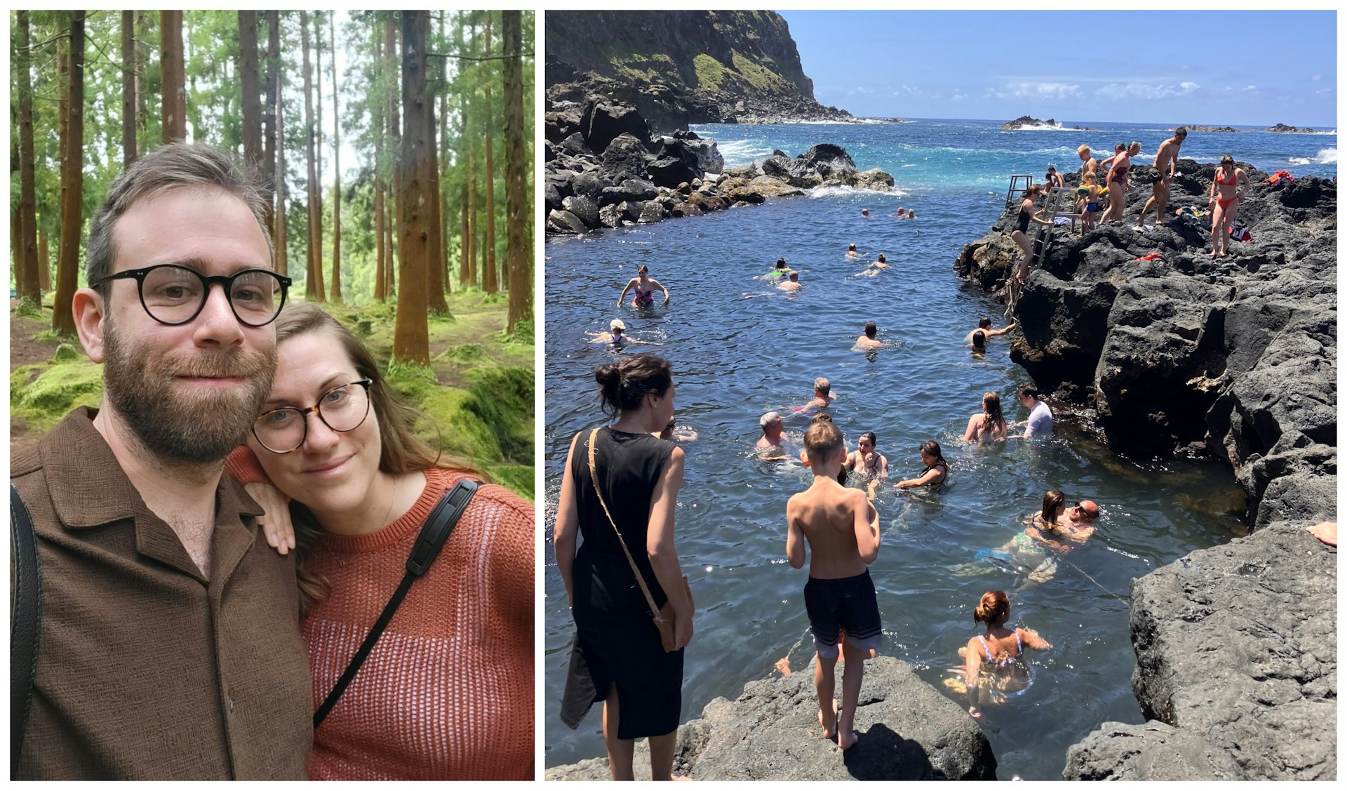 Erin and husband pose in a forest in the Azores and swim in rocky thermal pools