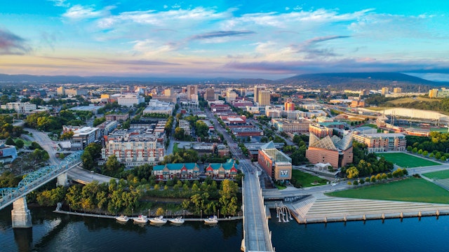 Drone Aerial of Downtown Chattanooga TN Skyline, Coolidge Park and Market Street Bridge