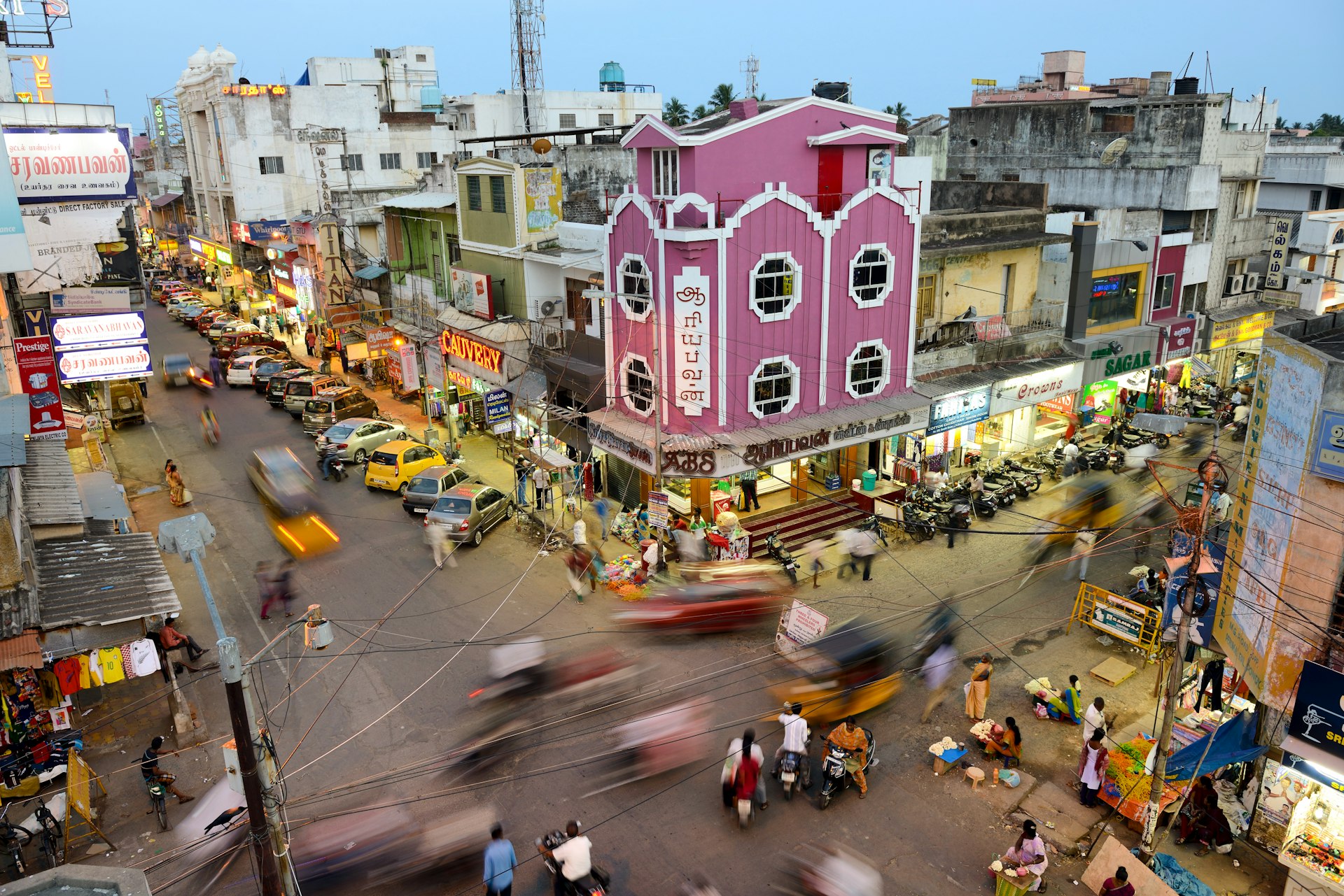 An aerial view of busy streets at dusk in the new town of Pondicherry, India
