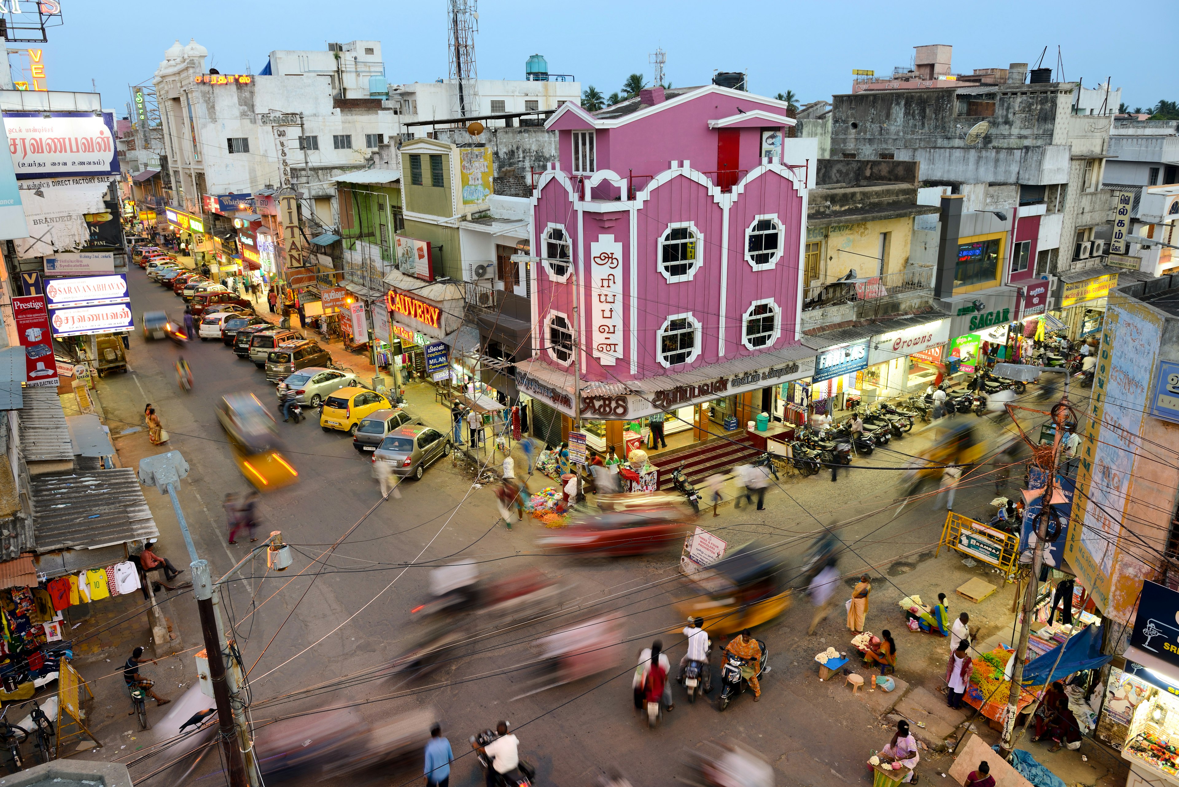 An aerial view of busy streets at dusk in the new town of Puducherry, India