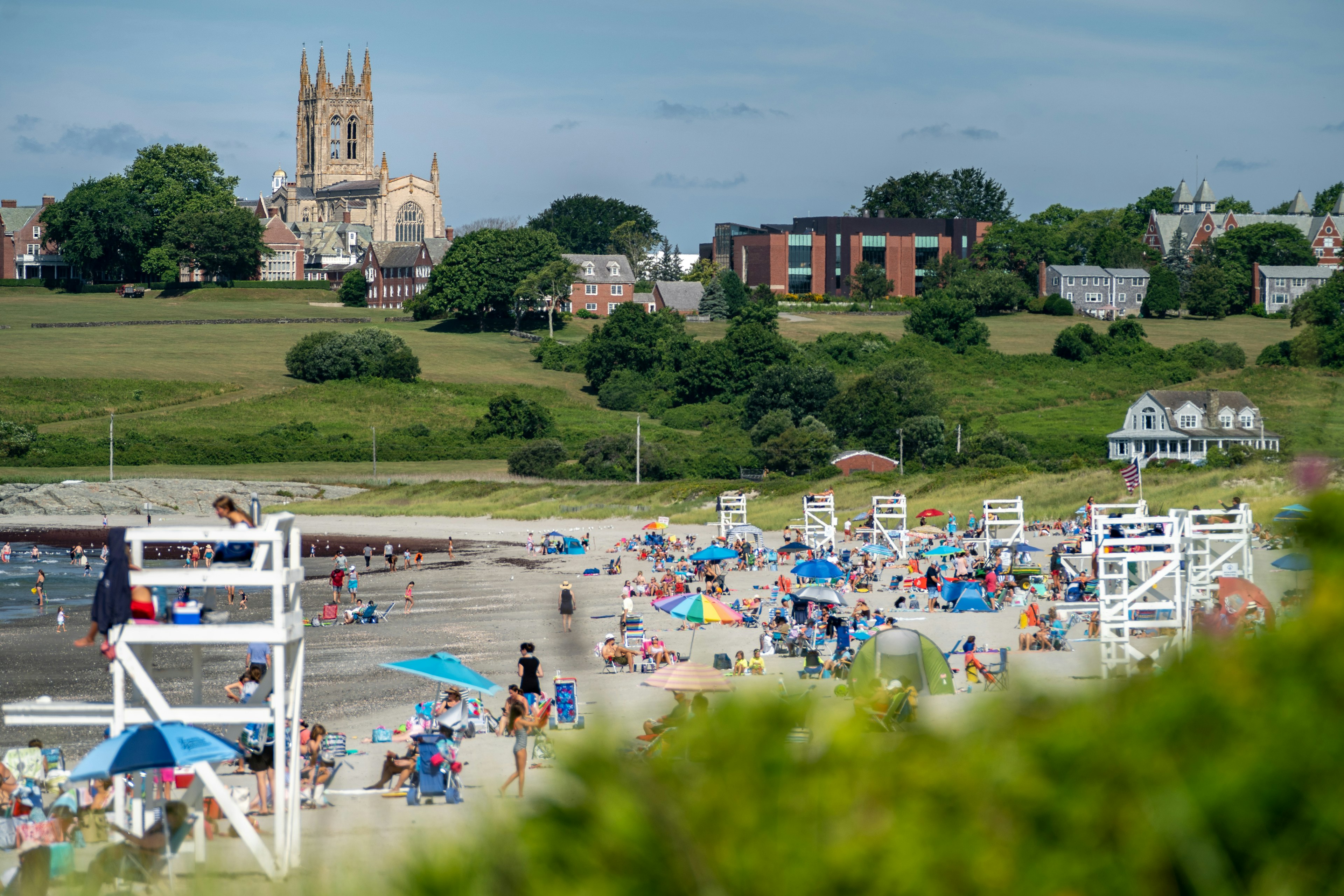 Morning at Sachuest Beach or Second Beach in Middletown RI.  The beautiful church of St. George's School is in the background