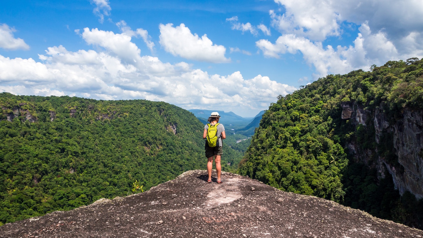 A women looks over the edge of Kaieteur Falls in Guyana
169646576