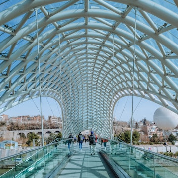 Bridge of Peace, a tourist attraction in the middle of the city Bridge over the beautiful river of Tbilisi in Georgia.
1942478755
Bridge of Peace, a tourist attraction in the middle of the city Bridge over the beautiful river of Tbilisi in Georgia. © Yumi mini / iStock / Getty Images Plus