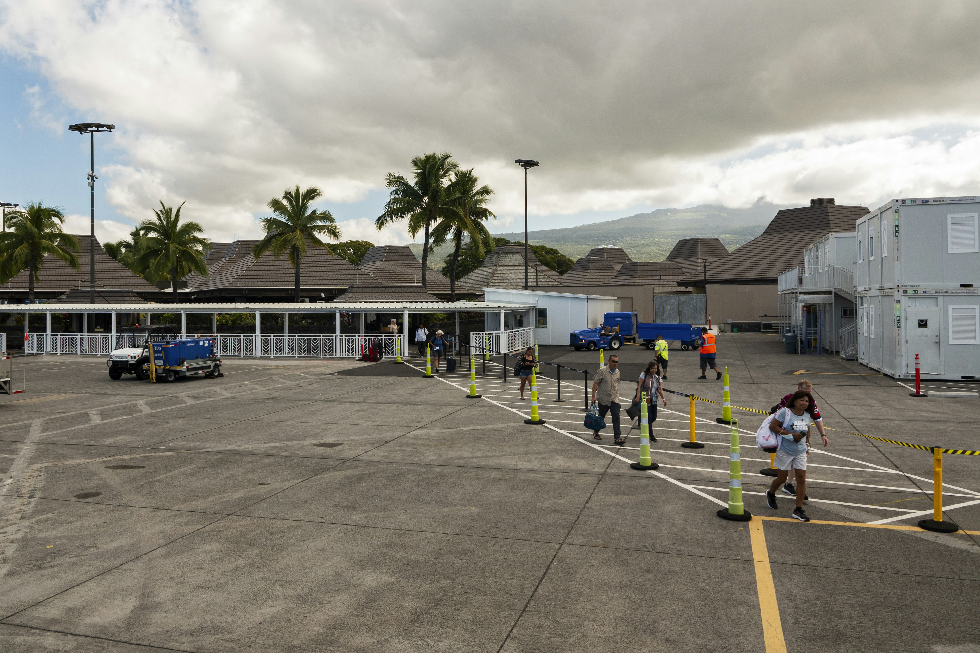 Passengers walk from small buildings lined with palm trees towards the flight they are boarding