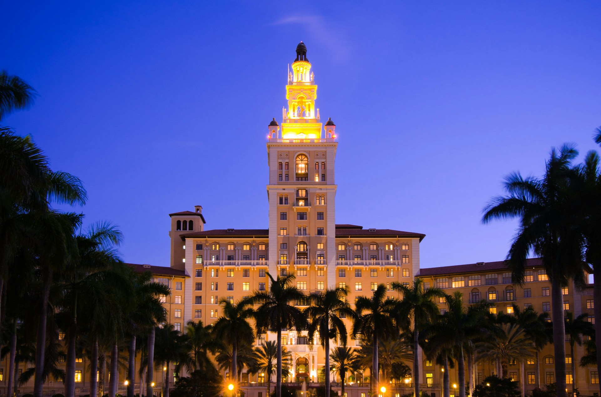 View from across the street of the famous Biltmore Hotel in Coral Gables, FL at night