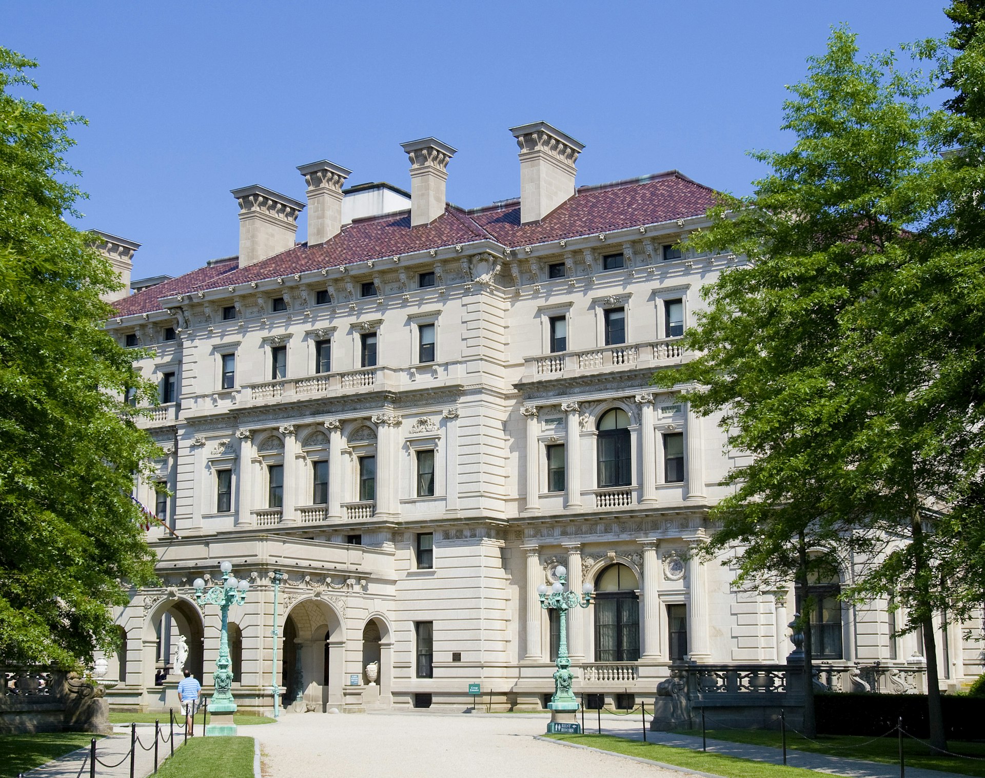 Exterior view of the Breakers Mansion on a sunny day