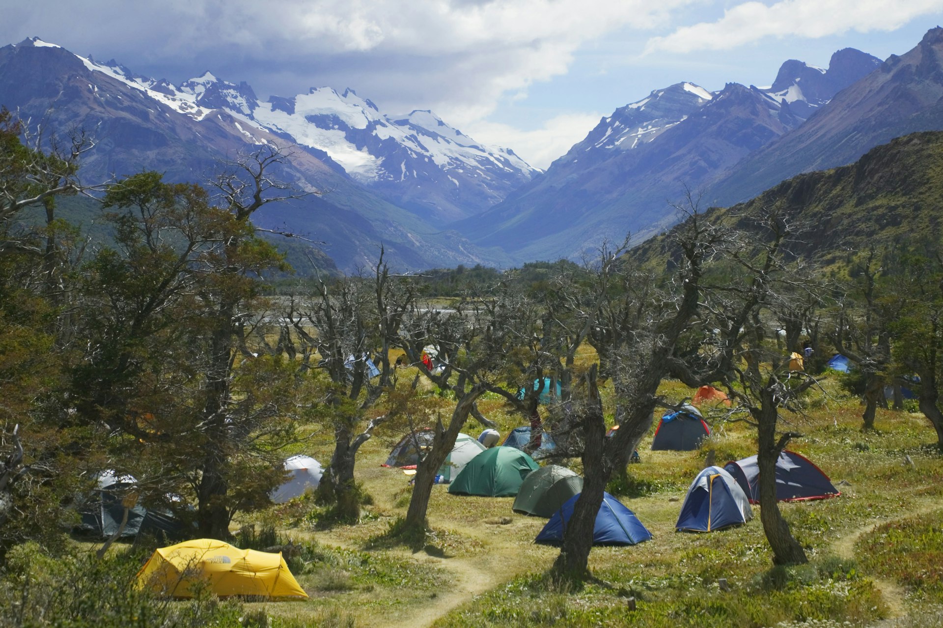 Tents are set up under a grove of trees at the base of mountains in Argentina