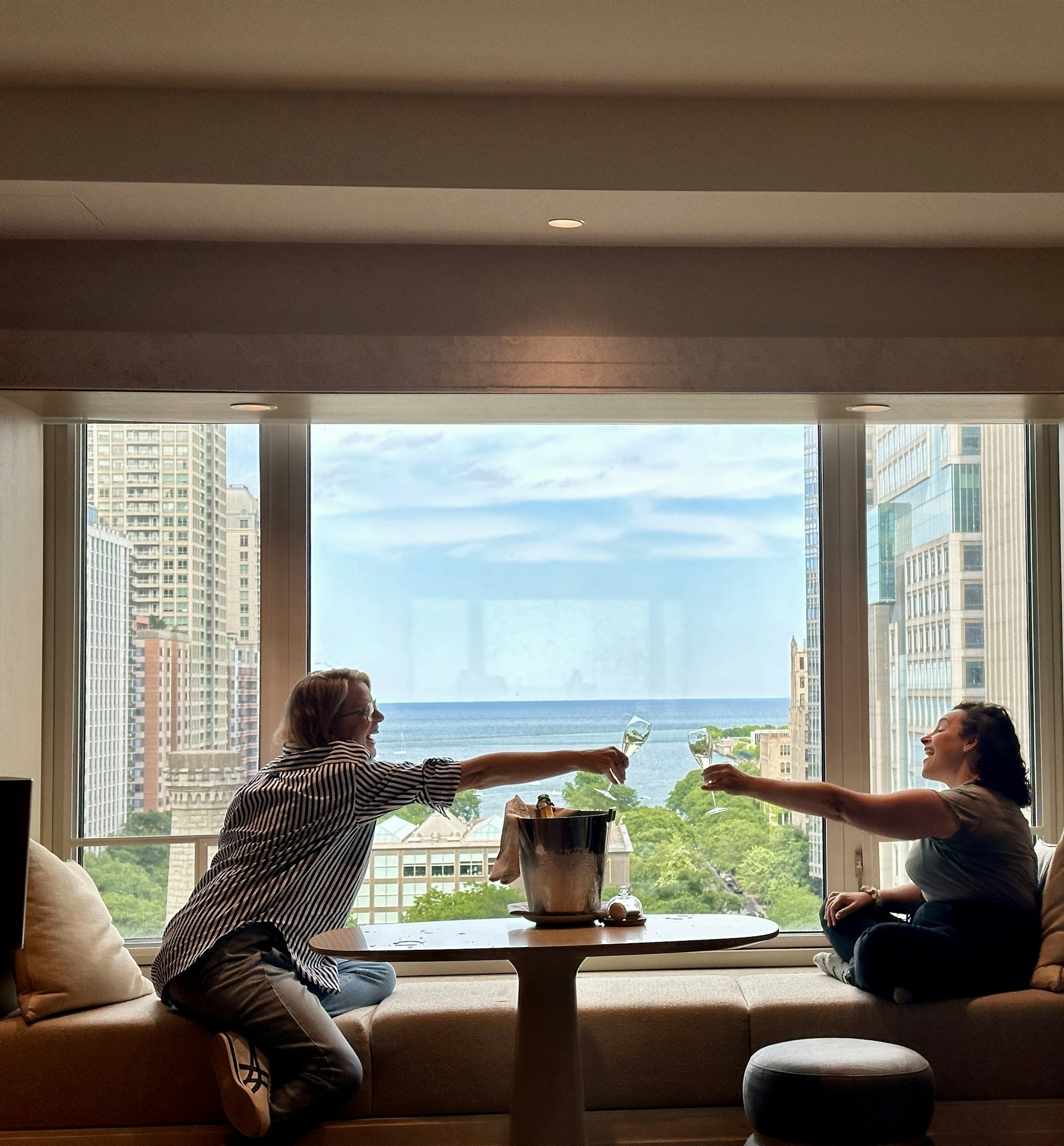 Two friends toast their glasses of wine in front of a window that looks out over a lake