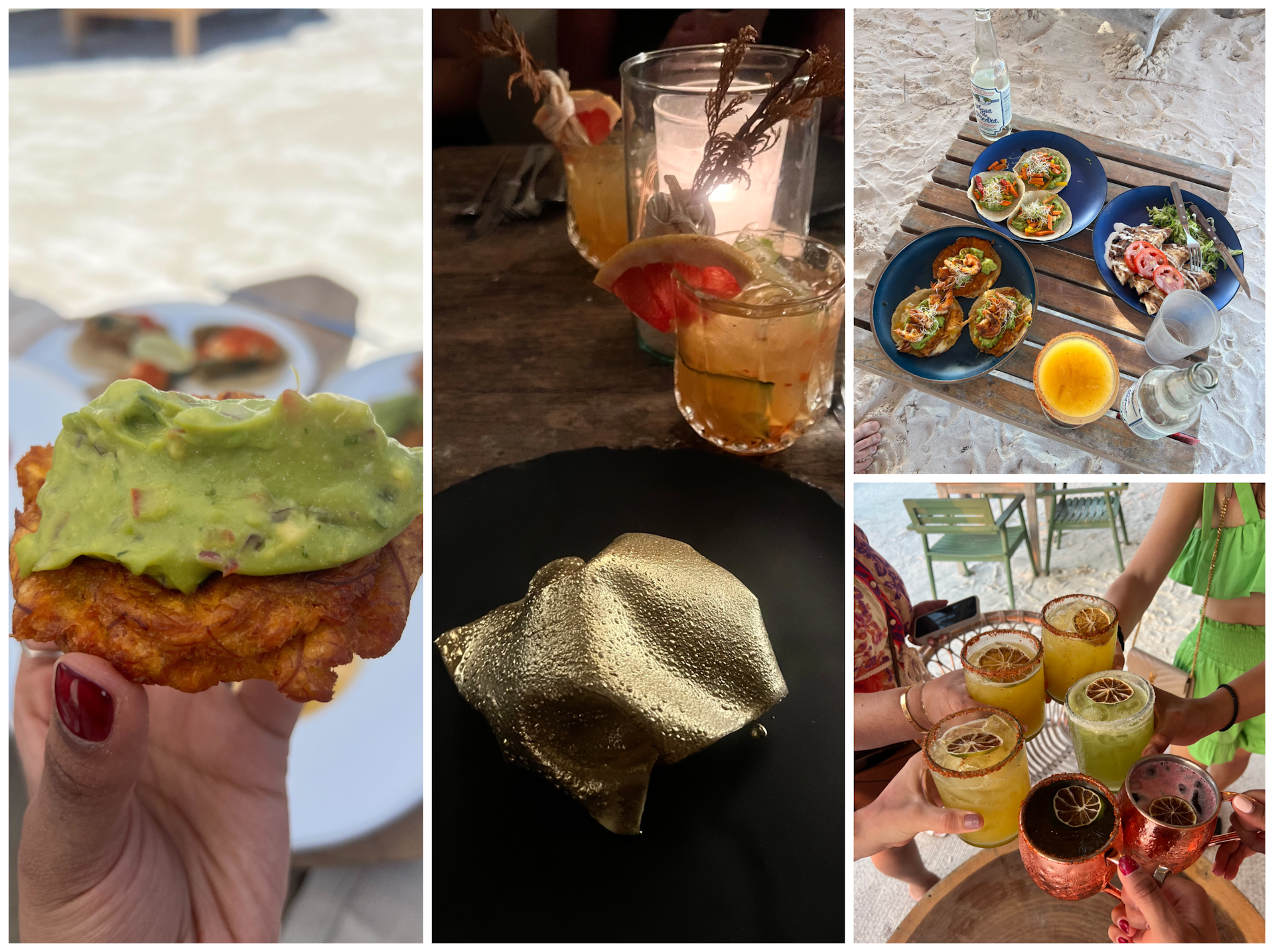 Collage of food images featuring cocktails, tostones and a gold-leaf haute cusine dish